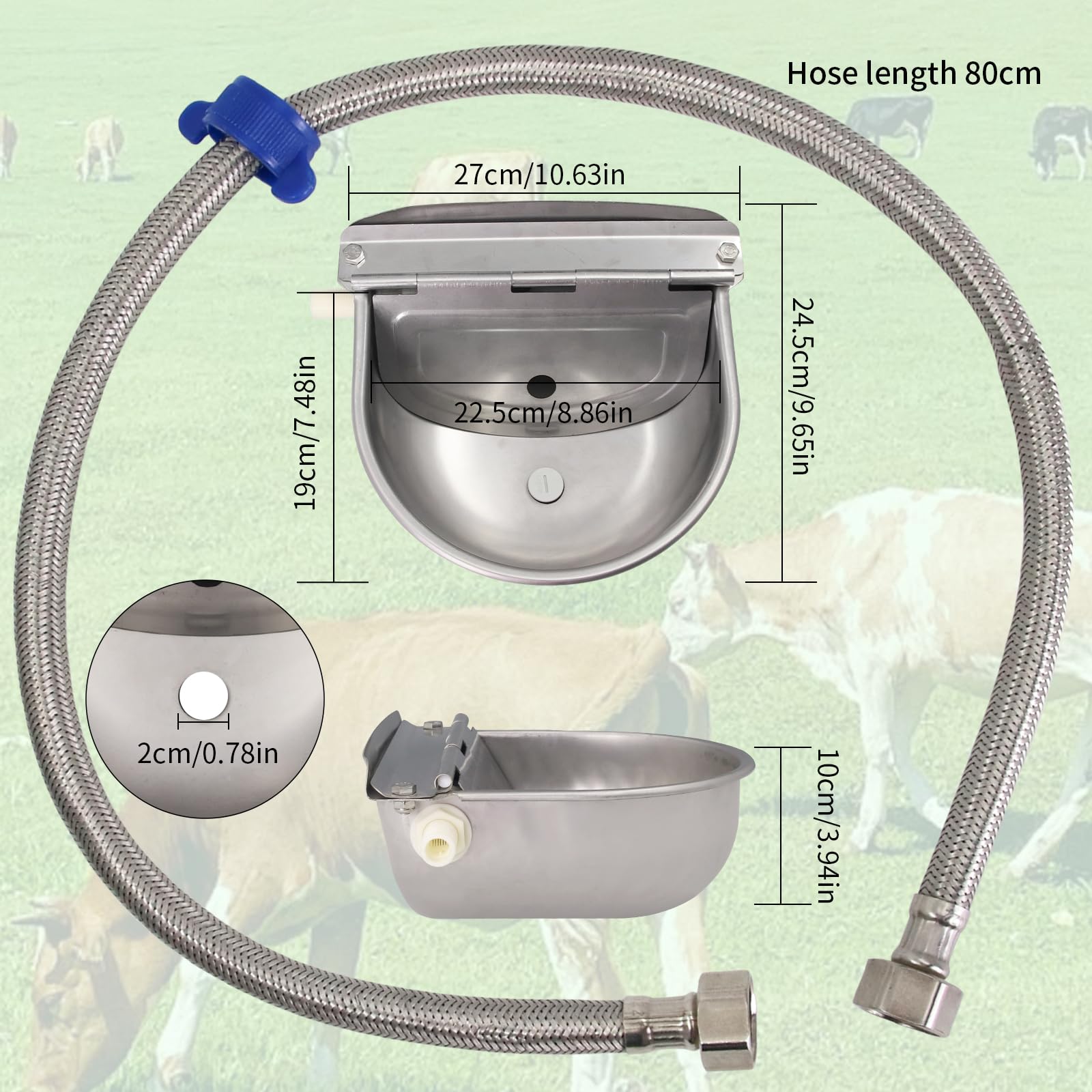 Tazón de agua de acero inoxidable 304 para ganado, cuencos para beber animales, cuencos de asignación automática con válvula flotante y agujeros de drenaje, adecuado para vacas, caballos, cabras,