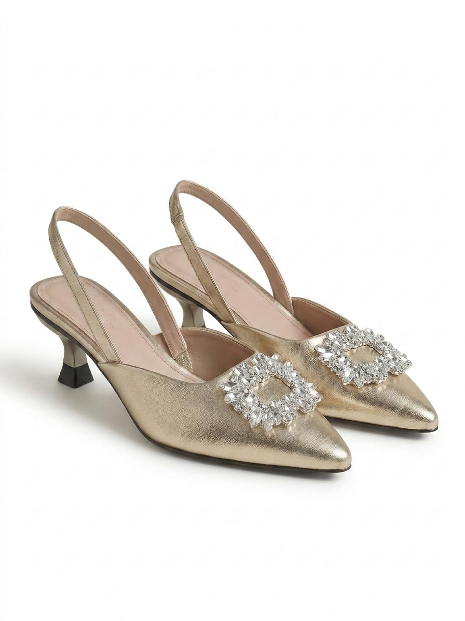 Stylish Women Gold Heels Crystal Slingback Kitten Heel Sandals for Wedding & Festive Outfits Wear-image-23