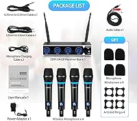 Vista 6 de Sistema de Micrófono Inalámbrico Recargable ZERFUN Pro de 4 Canales, Micrófonos Inalámbricos de Mano UHF de Metal con Control de Volumen, 4x50
