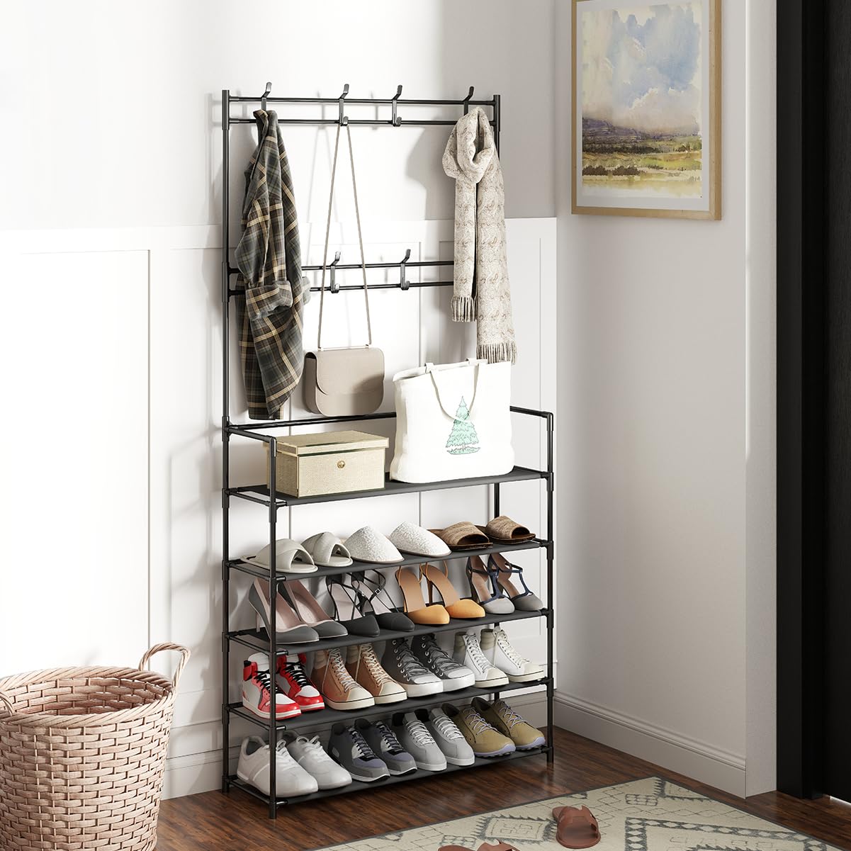 SUNNYNEST Coat Rack Stand with Shoe Rack, 169cm Free-Standing Hall Tree with Storage Bench, Removable Hooks, Matte Steel Frame Hat & Coat Organizer for Entryway, Hallway, Bedroom (White)