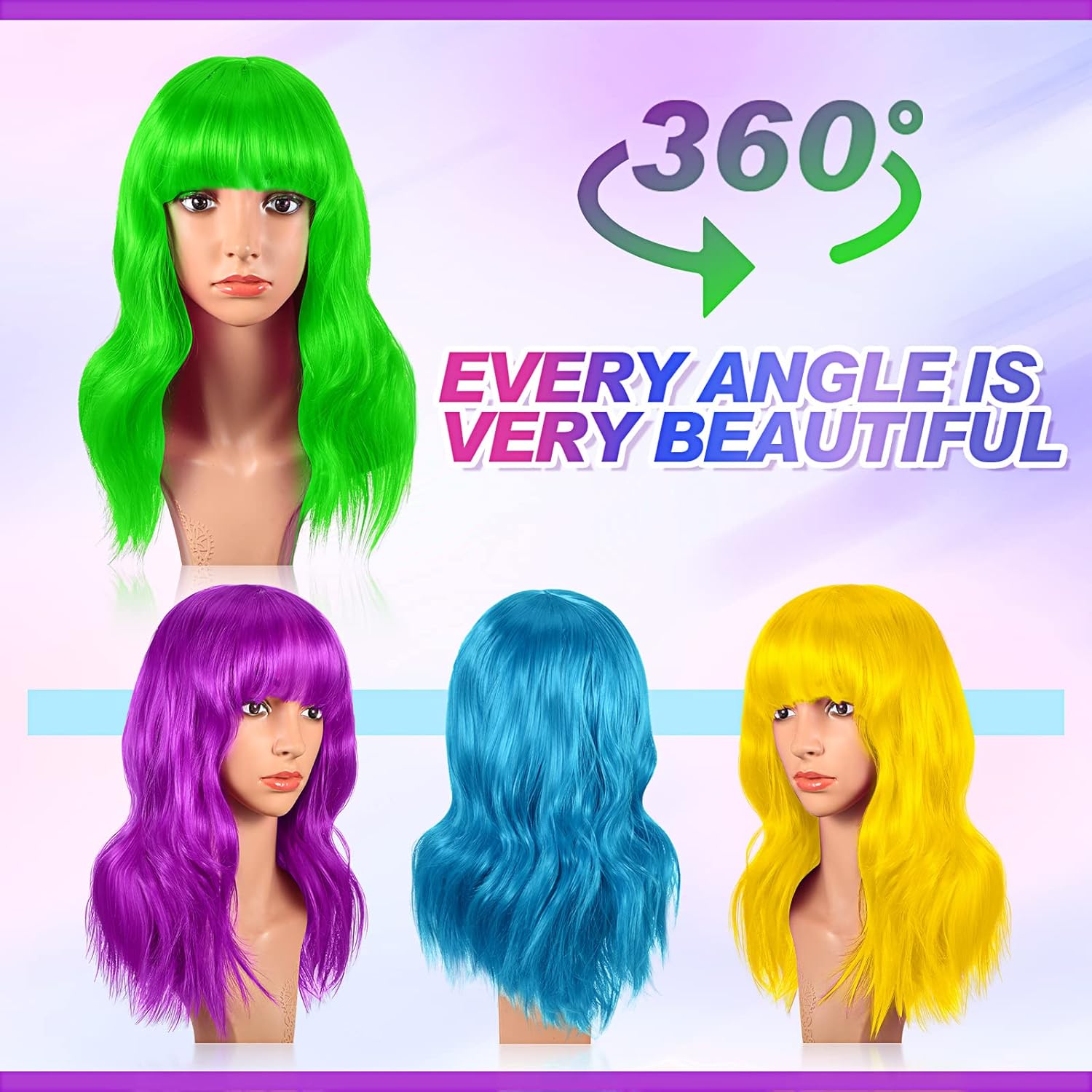 Crowye 8 Pcs 12" Colorful Party Wigs Shoulder Length Wigs for Women Wavy Bob with Air Bangs Curly Short Synthetic Colorful Costume for Cosplay Bachelorette Party(Rainbow Color)