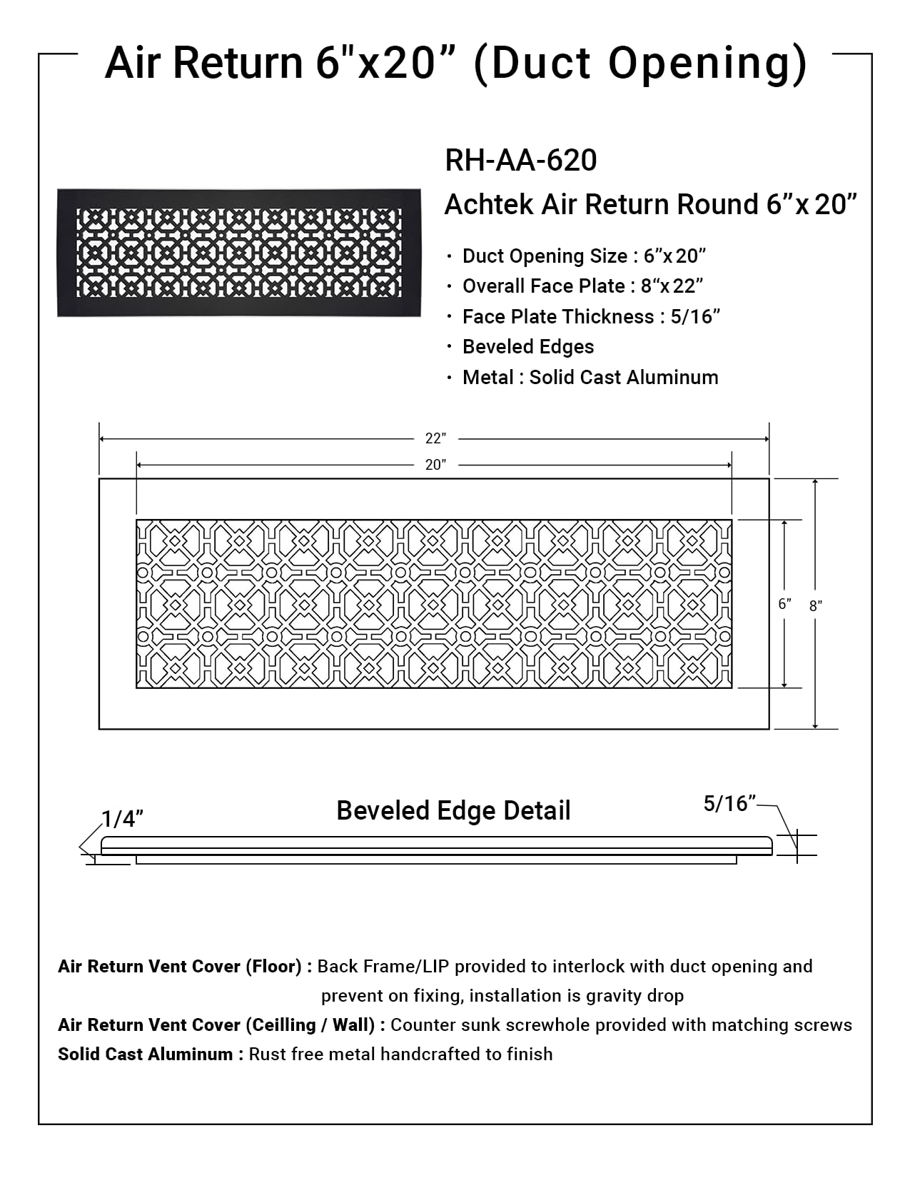 Achtek Lüftungsgitterabdeckung aus massivem Aluminiumguss, pulverbeschichtet, insgesamt 20,3 x 55,9 cm, für Boden, schwarz, ohne Schraubenlöcher, 15,2 x 50,8 cm