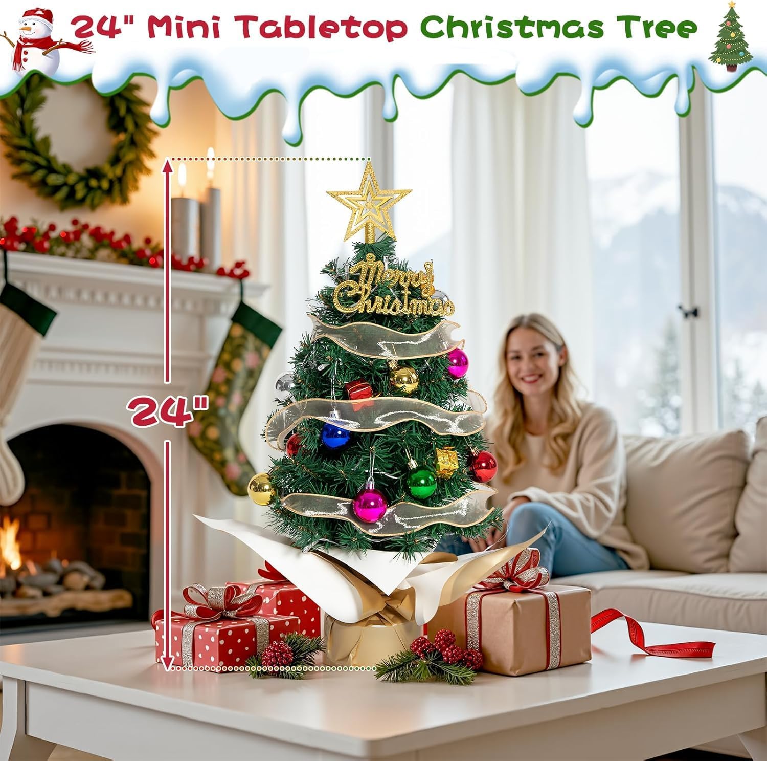 Mini Christmas Tree with Lights, 24'' Tabletop Tree with Ornaments, Perfect for Bedroom, Living Room, Fireplace, Dining Table