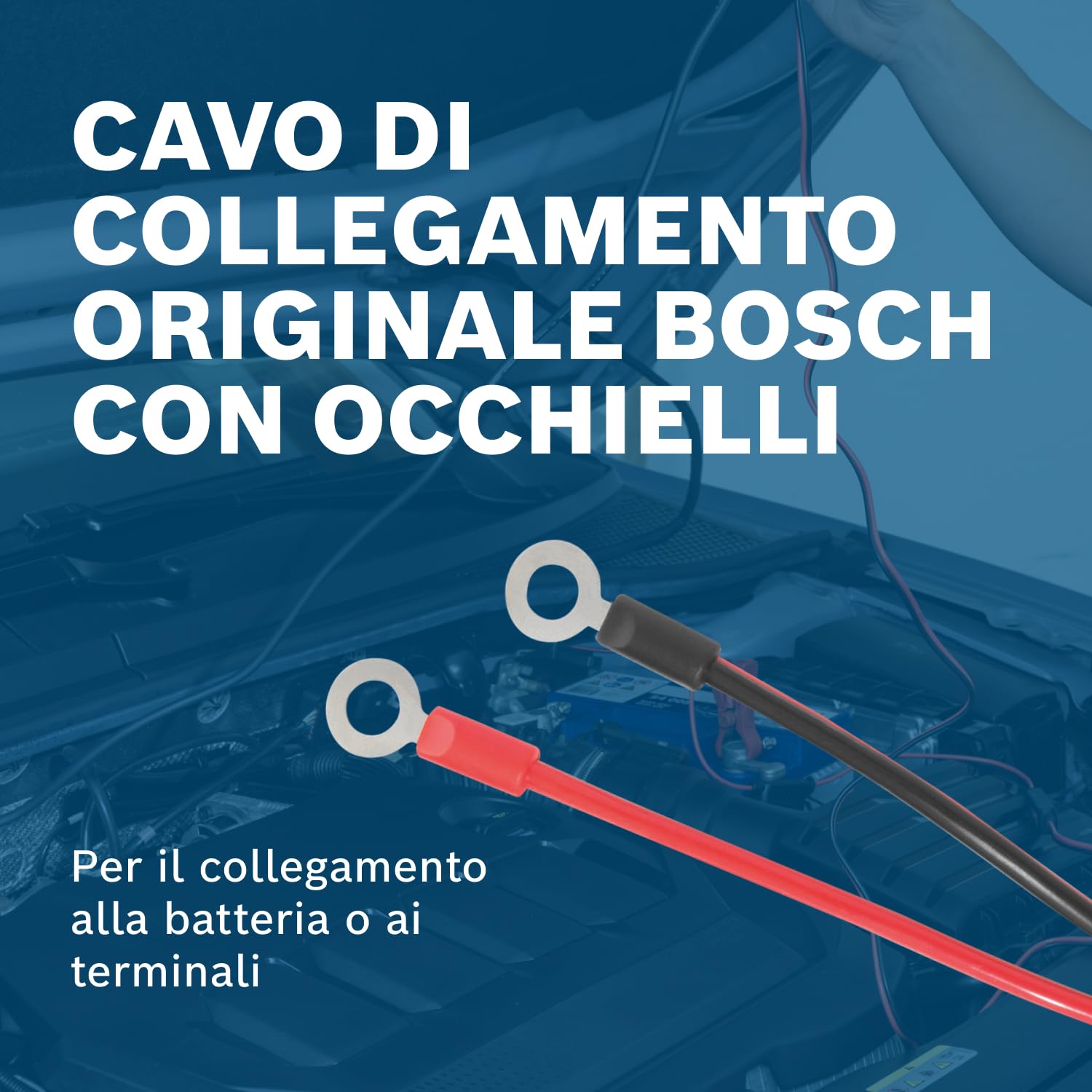 Cavo di Collegamento Bosch per Caricabatterie - Cavo Batteria con Capicorda e Fusibile da 10 A - Ricambio di Qualità Originale - Occhielli M6, Cavo da 52 cm - 0189999270