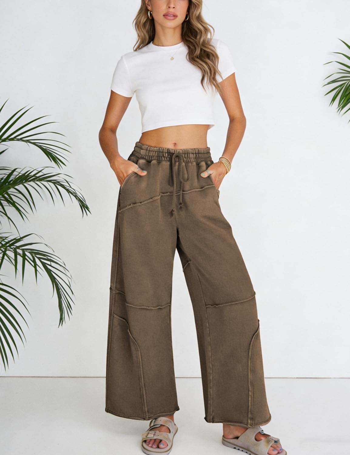 Athlisan Womens Casual Wide Leg Sweatpants High Waist Acid Wash Palazzo Pants with Pockets - Image 7