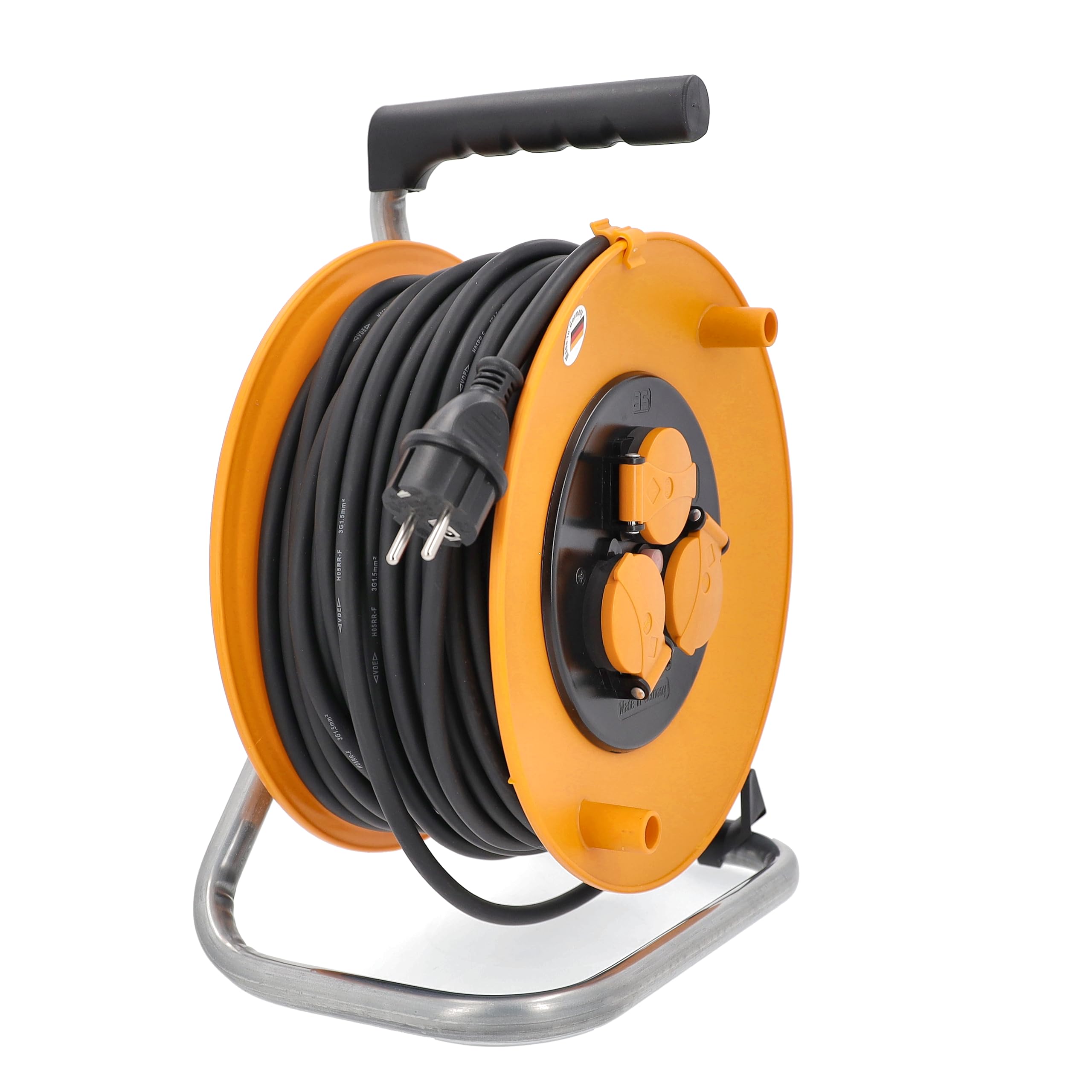 as - Schwabe Wąż kablowy 50 m, kabel przedłużający, 3 gniazda wpuszczane 230 V/16 A z pokrywą zatrzaskową i wtyczką ochronną, nawijarka kablowa, IP44, pomarańczowy, wyprodukowano w Niemczech, 11483