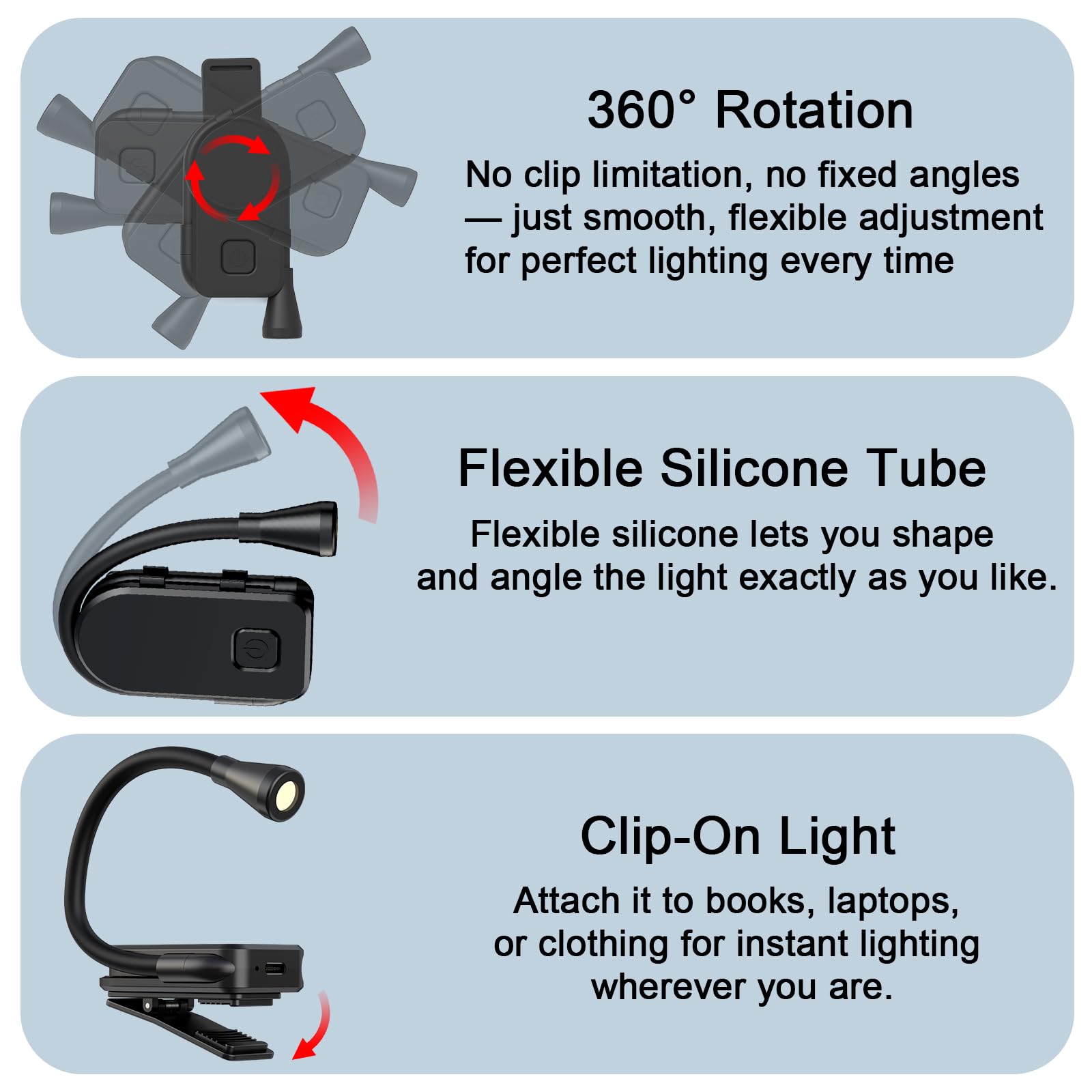 Luz de libro con clip, 3 temperaturas de color, luces de lectura de atenuación continua para libros en la cama con luz de lectura giratoria de 360° para viajes, niños y amantes de los libros