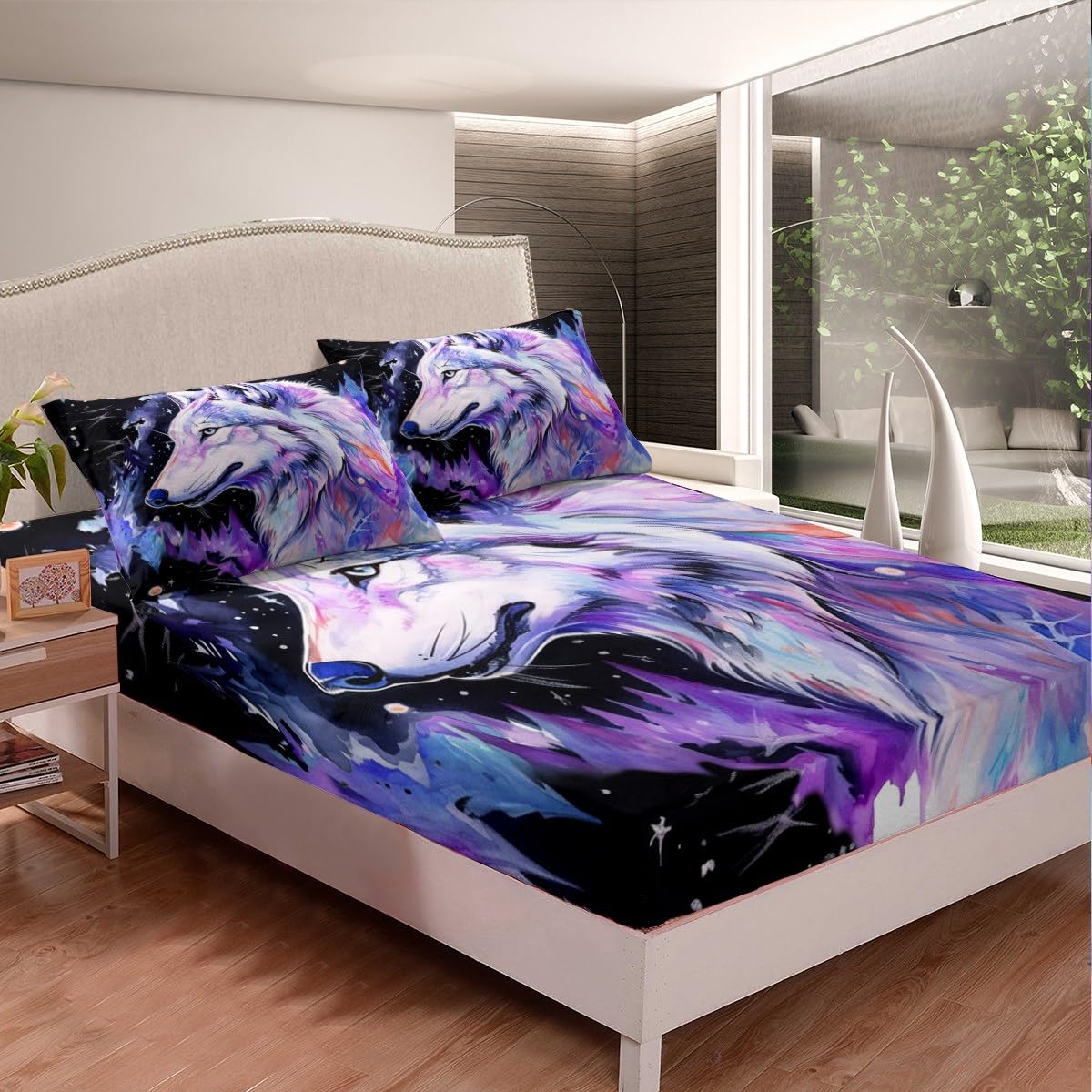 Wolf Bed Sheets Set Solar System Wolves Howling Kids Sheet Set Animal Wolves Sheets with Deep Pocket Fitted Sheet Room Decor Mountain Moon Wolf Outer Space Purple Bedding Set Twin With 1 Pillow