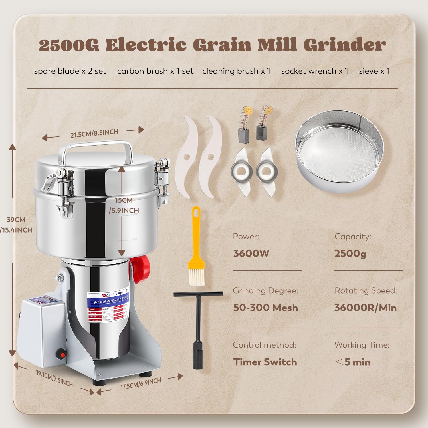 Moongiantgo 2500g Mulino per Cereali Elettrica, con Display a LED, Acciaio Inossidabile & Motore Commerciale 3600W 36000RPM, 30S Rettifica Ultra Fine ad Alta Velocità, per Cereali/Erbe/Spezie/Noci