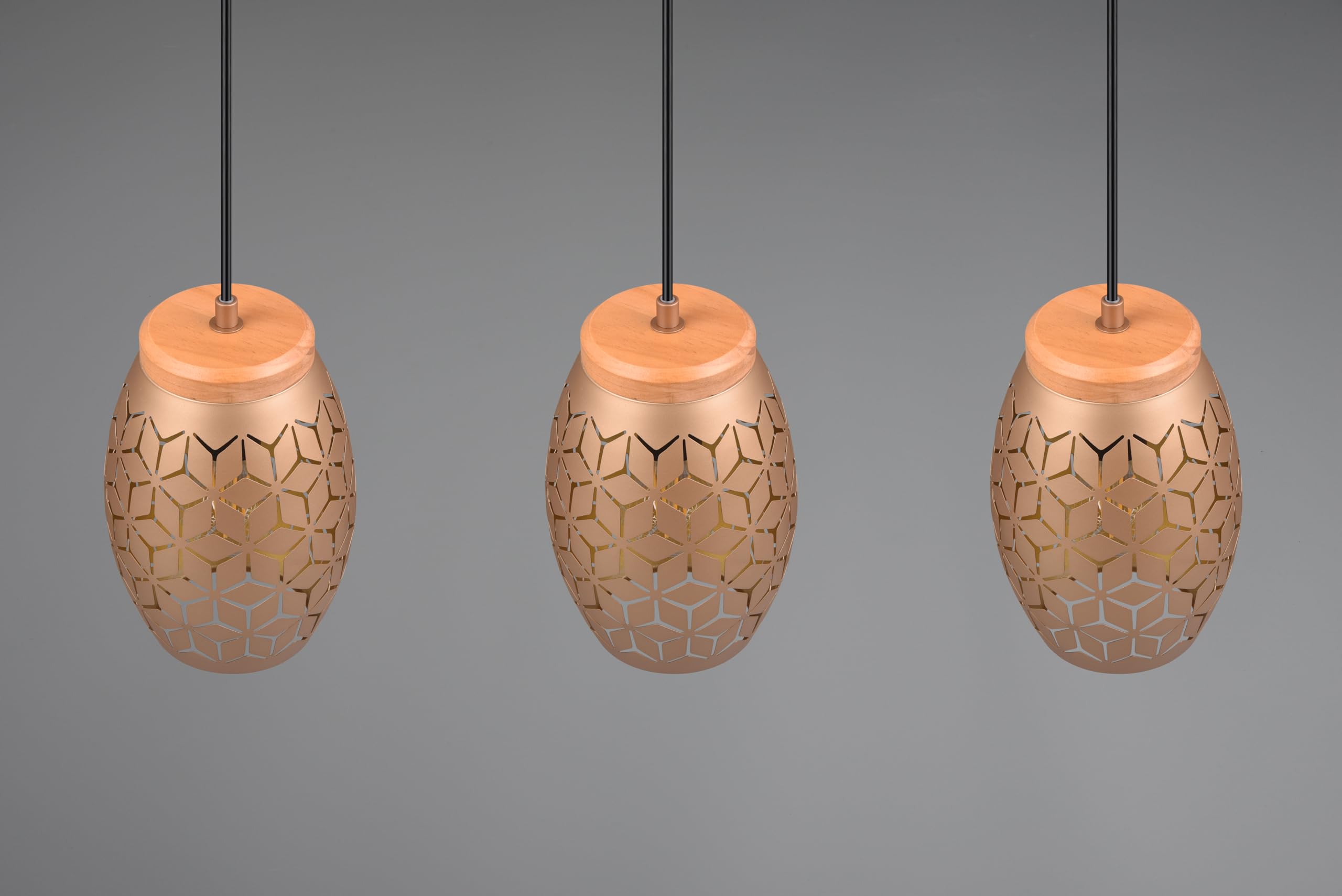 Reality Leuchten Pendelleuchte Bidar R31573065, Metall Coffee/Goldfarbig, Holz naturbelassen, exkl. 3x E27