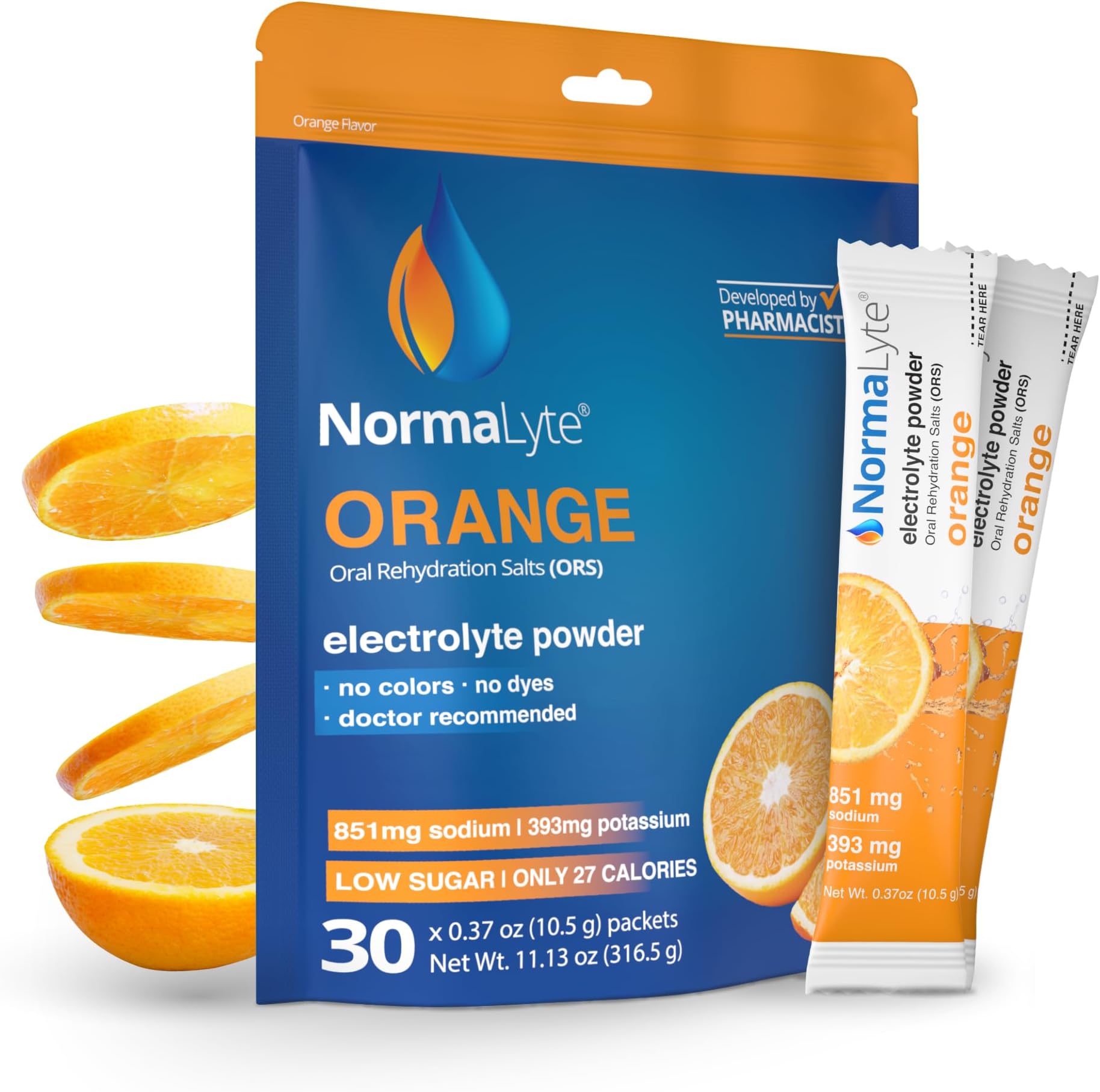 NormaLyte Orange | Electrolyte Powder Packets | Sodium & Potassium Hydration Drink Mix | 30 Count | No Dyes, No Stevia