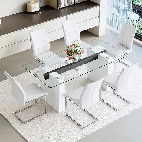 FURNITO Juego de mesa de comedor de cristal para 6, mesa de cocina moderna y sillas para mesa de comedor de vidrio de 6.71 pulgadas con 6 sillas de