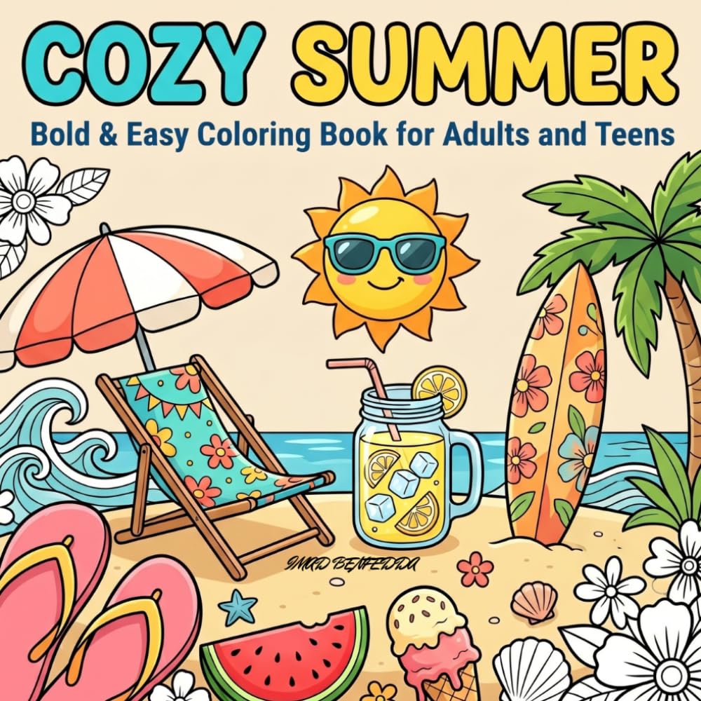 COZY SUMMER Bold & Easy Coloring Book for Adults and Teens: Simple and cute illustrations for relaxation and stress relief in the summer