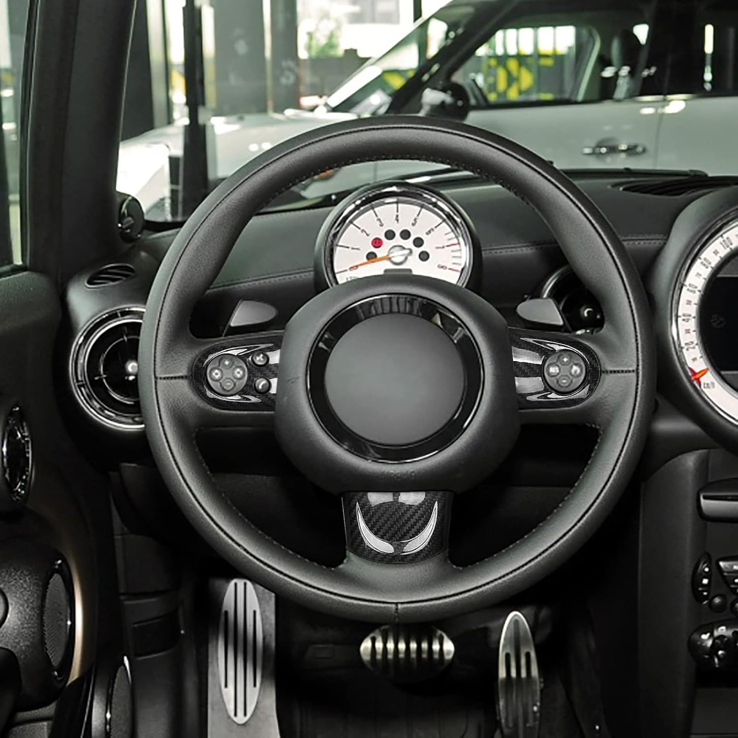 Compatible with Carbon Fiber Steering Wheel Cover Anti-Slip Interior Decoration Trim for BMW Mini R55 2007-2014 R56 2006-2013 R57 2007-2015 (3Pcs Black)