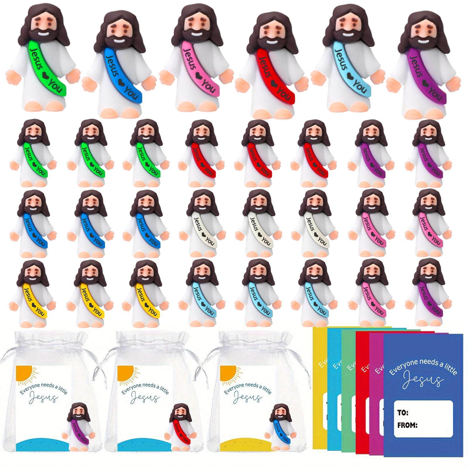 Holydeck 24 Pack Little Jesus Figurines Toys Set Jesus Love You Mini Rubber Toys Includes 24pcs Organza Bag and Gift Cards Perfect for Kids Sunday