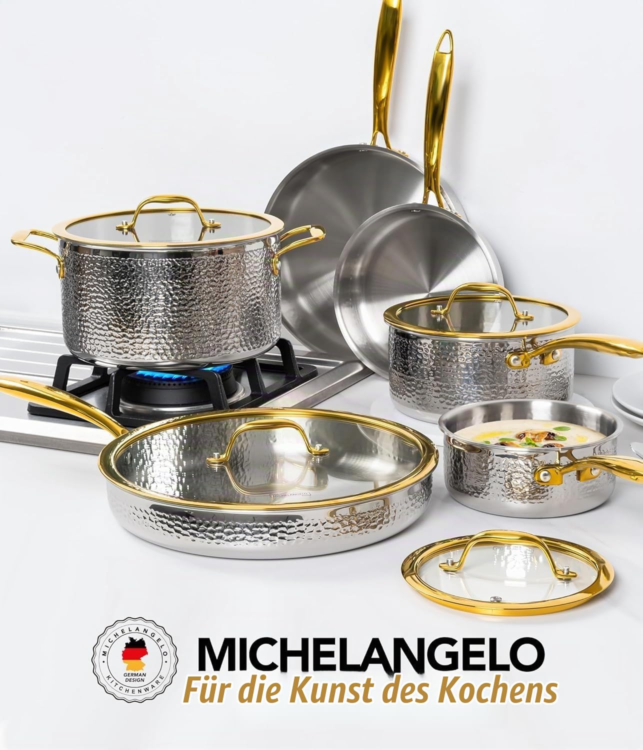 MICHELANGELO 10-tlg. Topf- und Pfannenset Induktion, Edelstahl, gehämmert | Kochgeschirr-Set | Gehämmerte Optik | Goldfarbene Griffe | 3-lagiger Edelstahl | PTFE-/PFOA-frei | Backofen bis 315°C