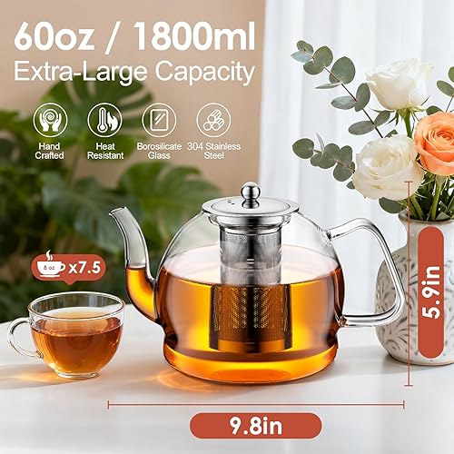 Miniatura 2 de Tetera de vidrio de 60.9 fl oz con infusor, tetera grande segura para estufas, tetera de vidrio de borosilicato hecha a mano, tetera de hojas