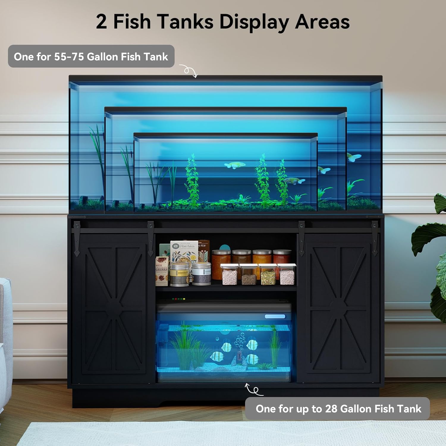 YU YUSING 55-75 Gallon Farmhouse Fish Tank Stand with Sliding Barn Doors, Aquarium Stand with Cabinet for Fish Tank Accessories Storage, Turtle Tank, Reptile Terrarium, Capacity 1100 LBS