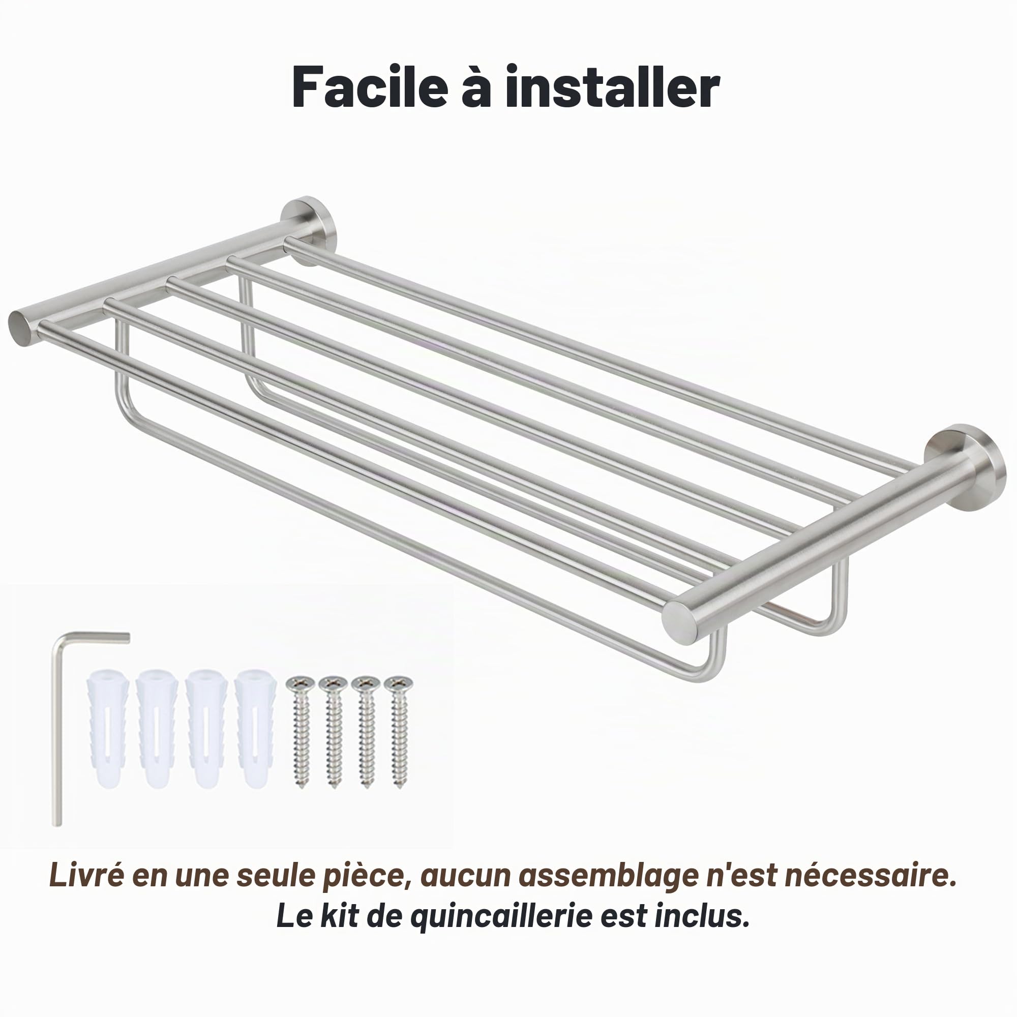 SAYAYO Porte Serviette Mural en Double Barres avec Étagère, Range Support Serviette en Acier Inoxydable pour Salle de Bain Cuisine Toilette, 60CM Brossé, EGKN2308-600-LS (95MM Entre Les Barres)