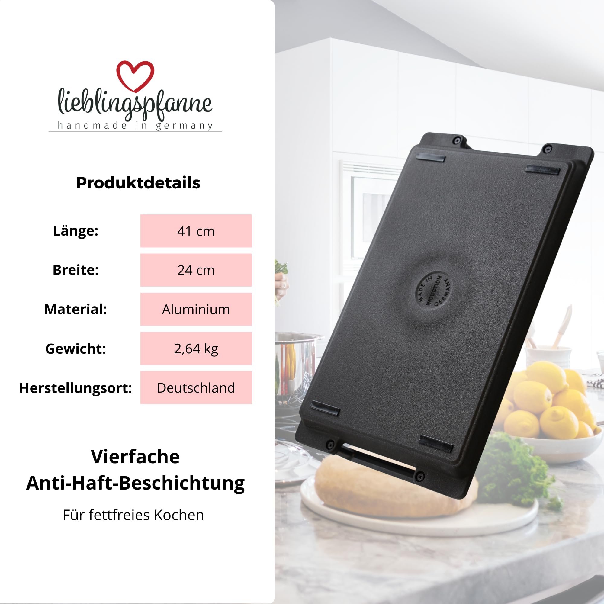 Lieblingspfanne Grillplatte BBQ 41x24 cm I mit Seitengriffen & 4-fach-Antihaftbeschichtung I aus Aluminium Guss für alle Herdarten inkl. Induktion & Gasgrill