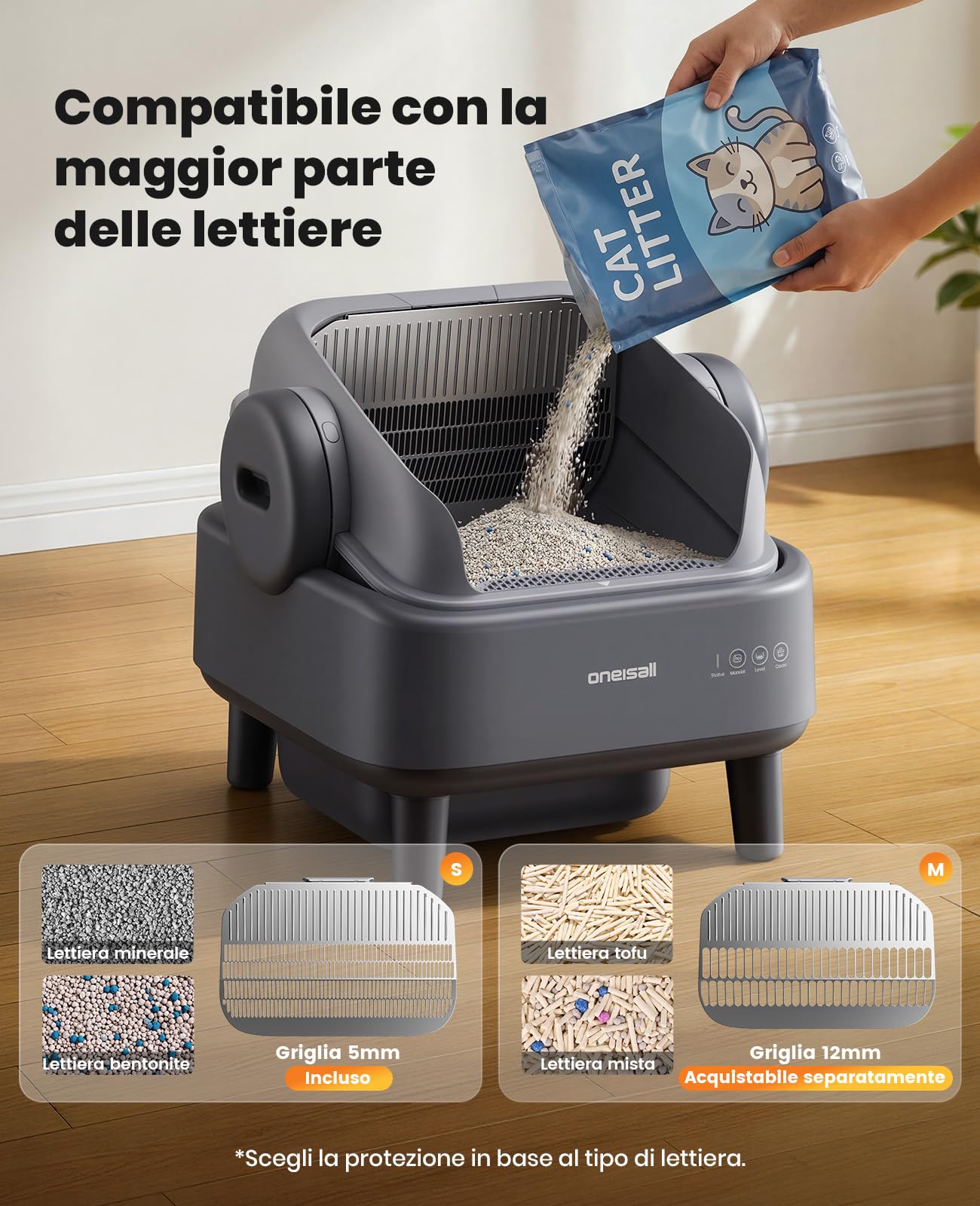oneisall Lettiera Gatto Autopulentecon sistema EaseClean™, Lettiera Autopulente per Gatti XXL per gatti grandi, griglia in acciaio inox, modalità automatica e manuale, incl. Tappetino e 40 Sacchetti