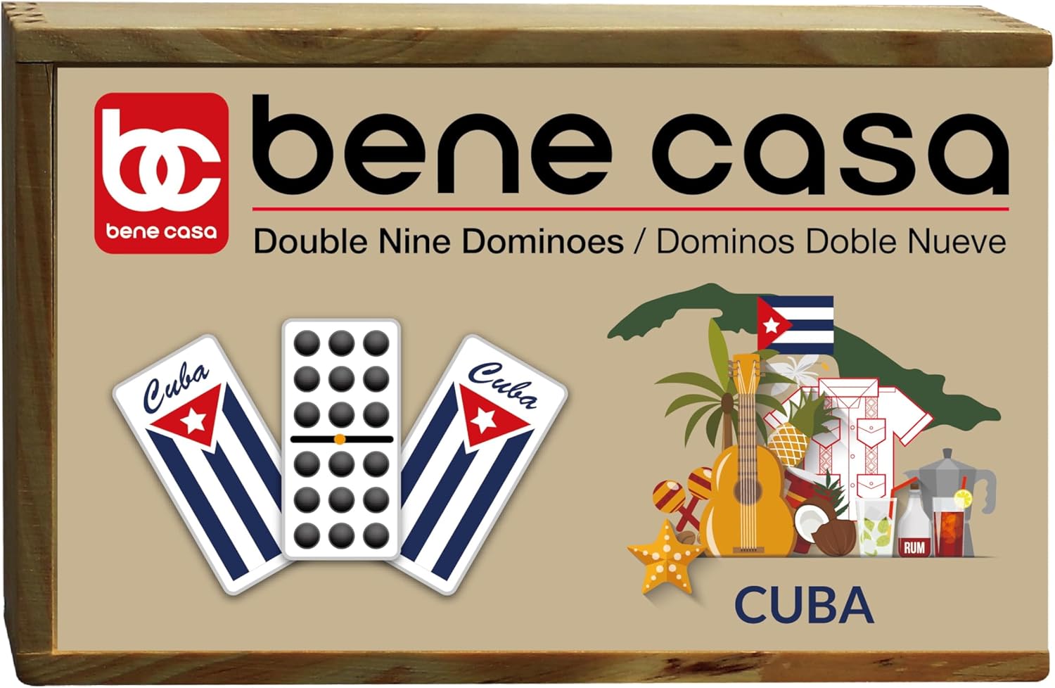 Bene Casa - Cuban Flag Design Double Nines Dominoes Set 55 Dominoes, Wooden Domino Trays - Set of 4 Each Tray Can Hold Up to 10 Dominoes/Bundle.
