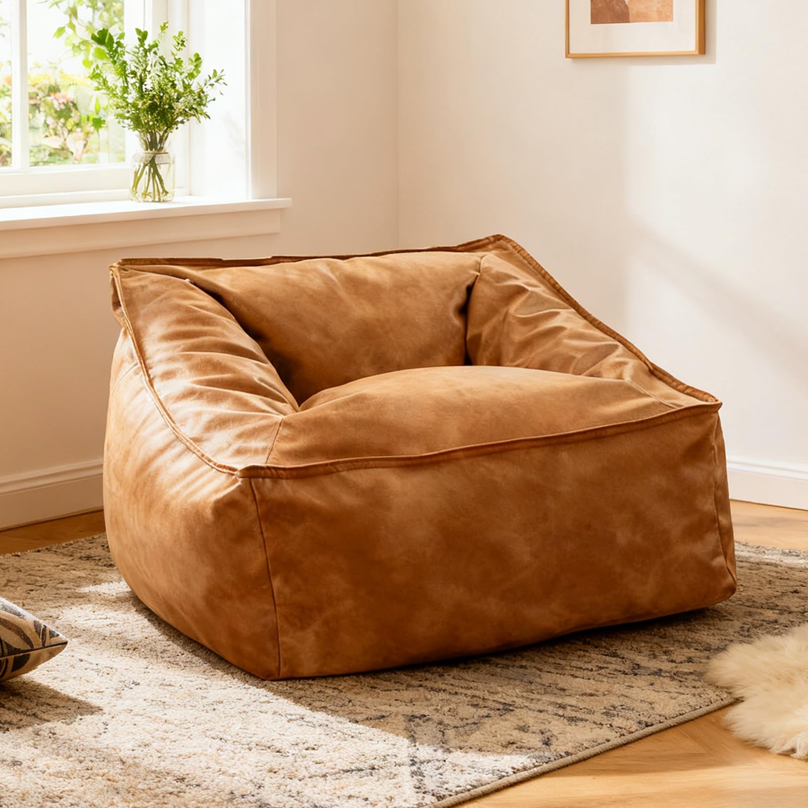 Photo 1 of KBZSlyn Faux Leather Bean Bag Chair Cover (No Filler) Brown Bean Bag Lounger for Adults Beanbag Cover Without Filling Pouf Chair Lazy Floor Sofa for Living Room Bedroom Indoor (1-Seater)