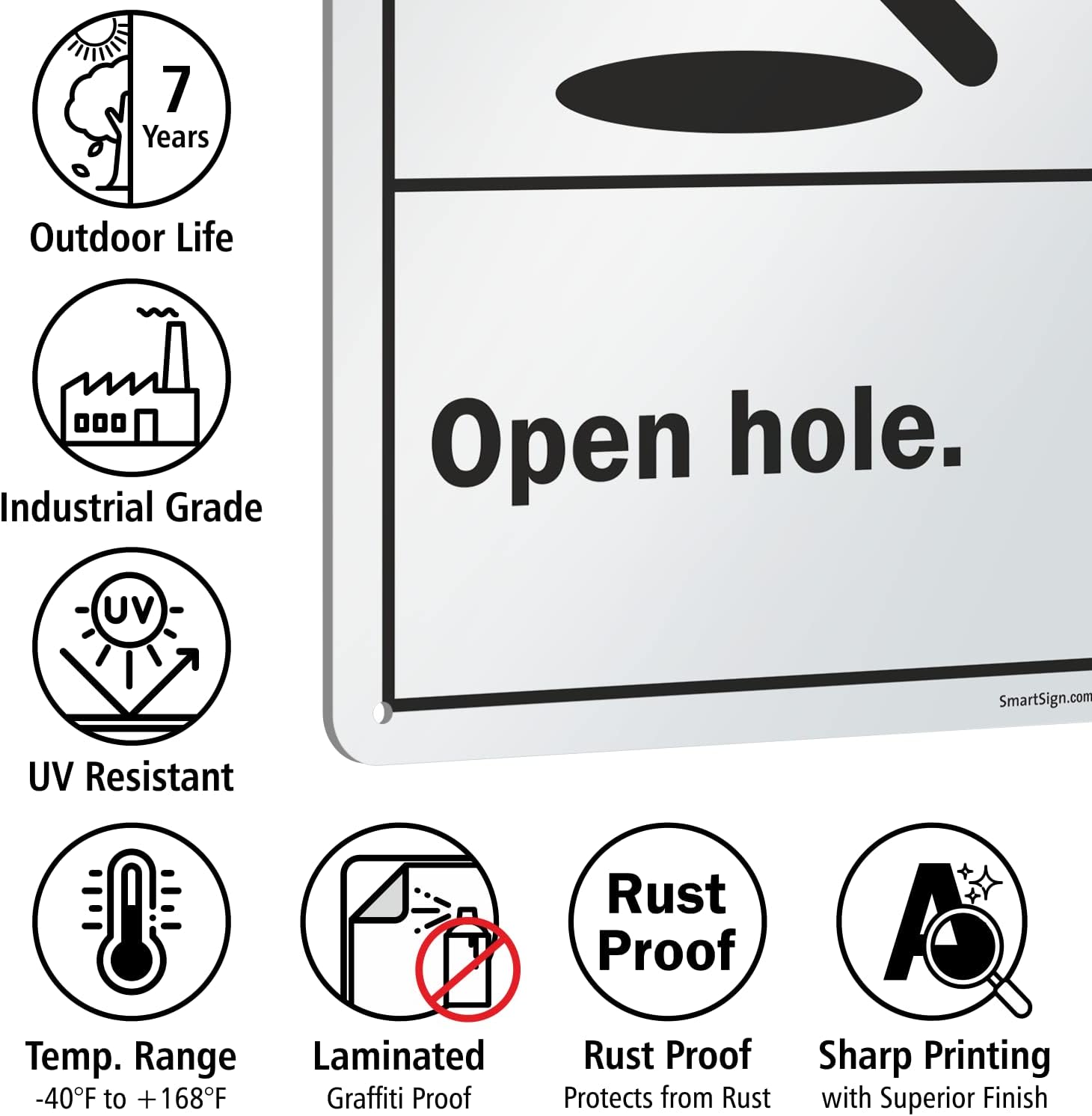 SmartSign 14 x 10 inch “Warning - Open Hole” ANSI Metal Sign with Trip Hazard Symbol, 40 mil Laminated Rustproof Aluminum, Orange, Black and White