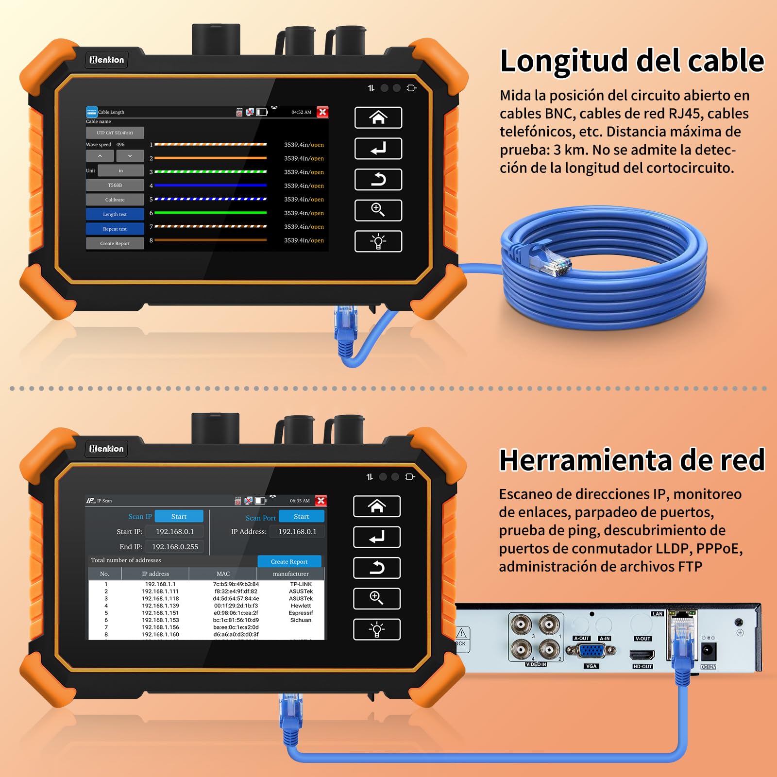 Henkion OTDR Fiber Optic Tester 1610nm 26dB, Comprobador de fibra óptica compatible con OPM, LS, OLS, VFL, tarjeta de eventos, UTP/RJ45 TDR prueba de cable/comprobador de cable de longitud