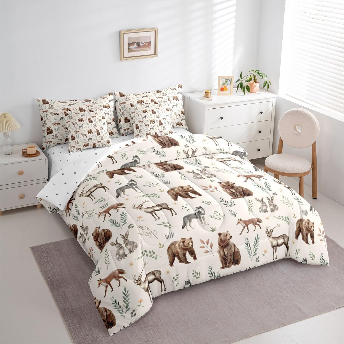 Erosebridal Woodland Animals 7 Piece Comforter Set Full Size Bear Deer Hunting Theme Bedding Set for Kids Child Bedroom | Cartoon Rabbit Wolf Fox Wildlife Duvet Insert Rustic Cabin Lodge Decor Sheets