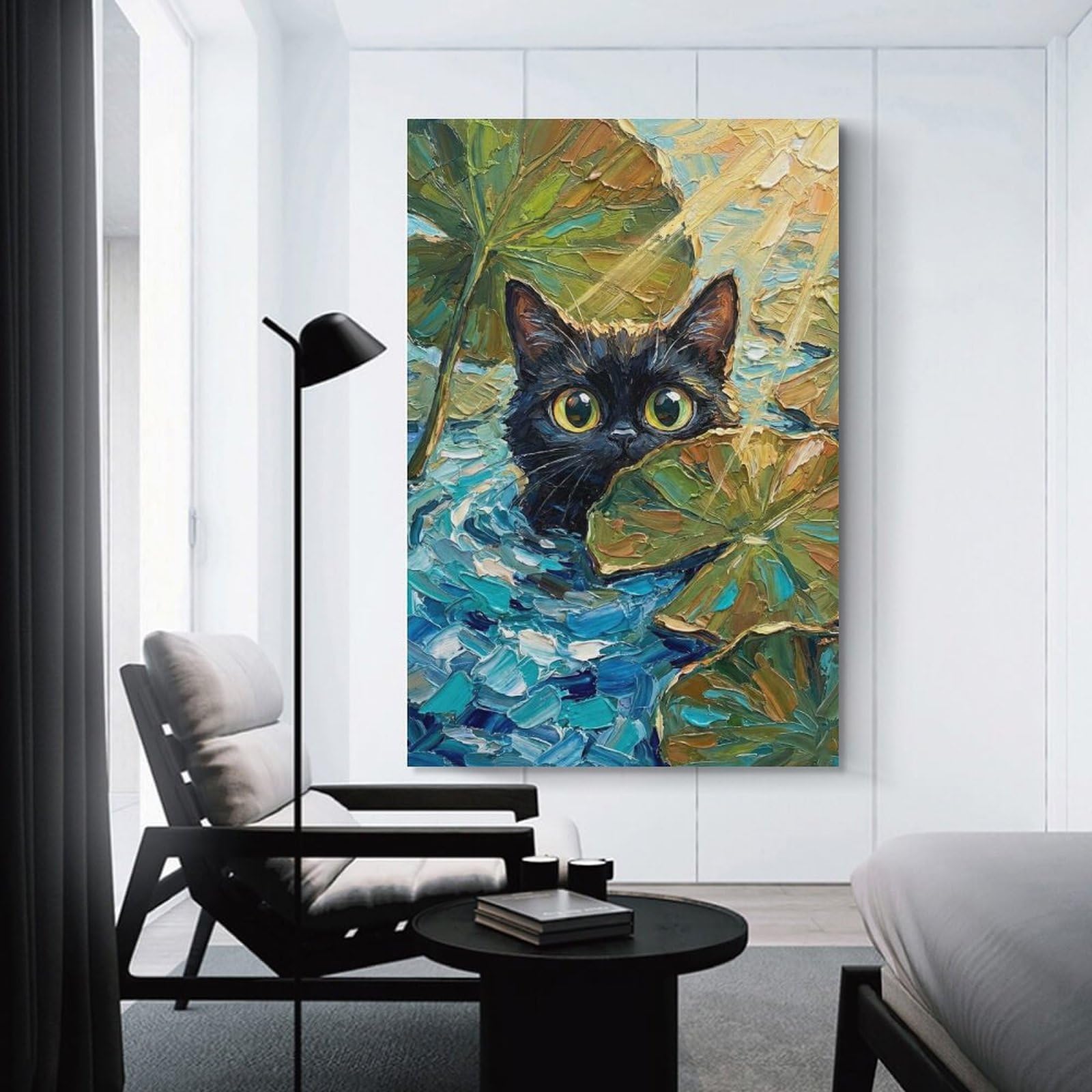 Junmoney Unframe-Style-14 Wall Picture Print Black Cat Peeking In Lily Pond – Textured Impasto Oil Painting, 24X36inch(60X90cm), For Entrance Walls, Hall Decor Or Foyers, Home Artwork For First Impressions