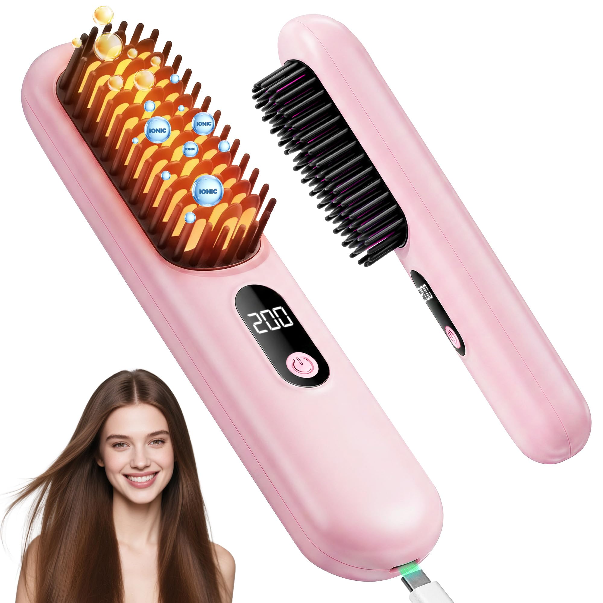 Photo 1 of Go Brush Pro 2026, Cordless Hair Straightener Brush, Mini Hair Straightener with 4 Temperature Settings, Portable Hair Straightener Brush with MCH Heating and Ionic & Ceramic Care for Women (Pink)