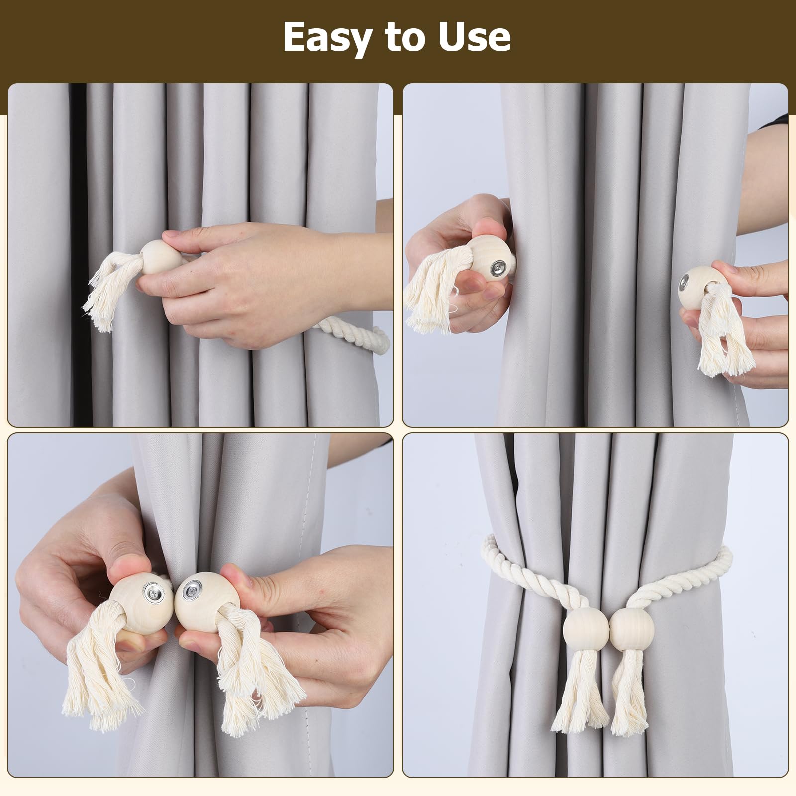 OTraki Lot de 4 Embrasse pour Rideaux Magnétique, Attaches Rideau en Coton tissé à la Main, Pince Rideau sans Percage pour Tous Types de Rideaux (Beige)