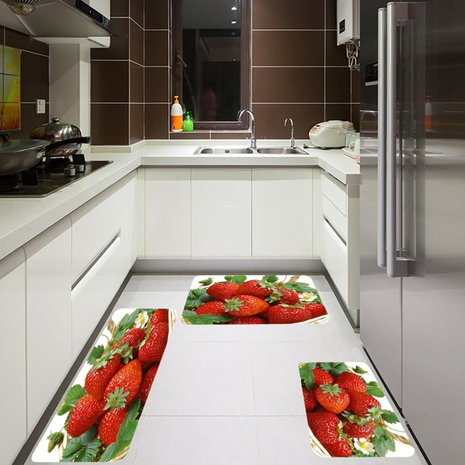 Fruit Strawberry Kitchen Rugs Set of 3 Non Slip Washable Kitchen Mats for Floor Soft Area Rug Kitchen Floor Mat Cushioned Anti Fatigue Mats Standing Sink Mat Decor Runner Rugs