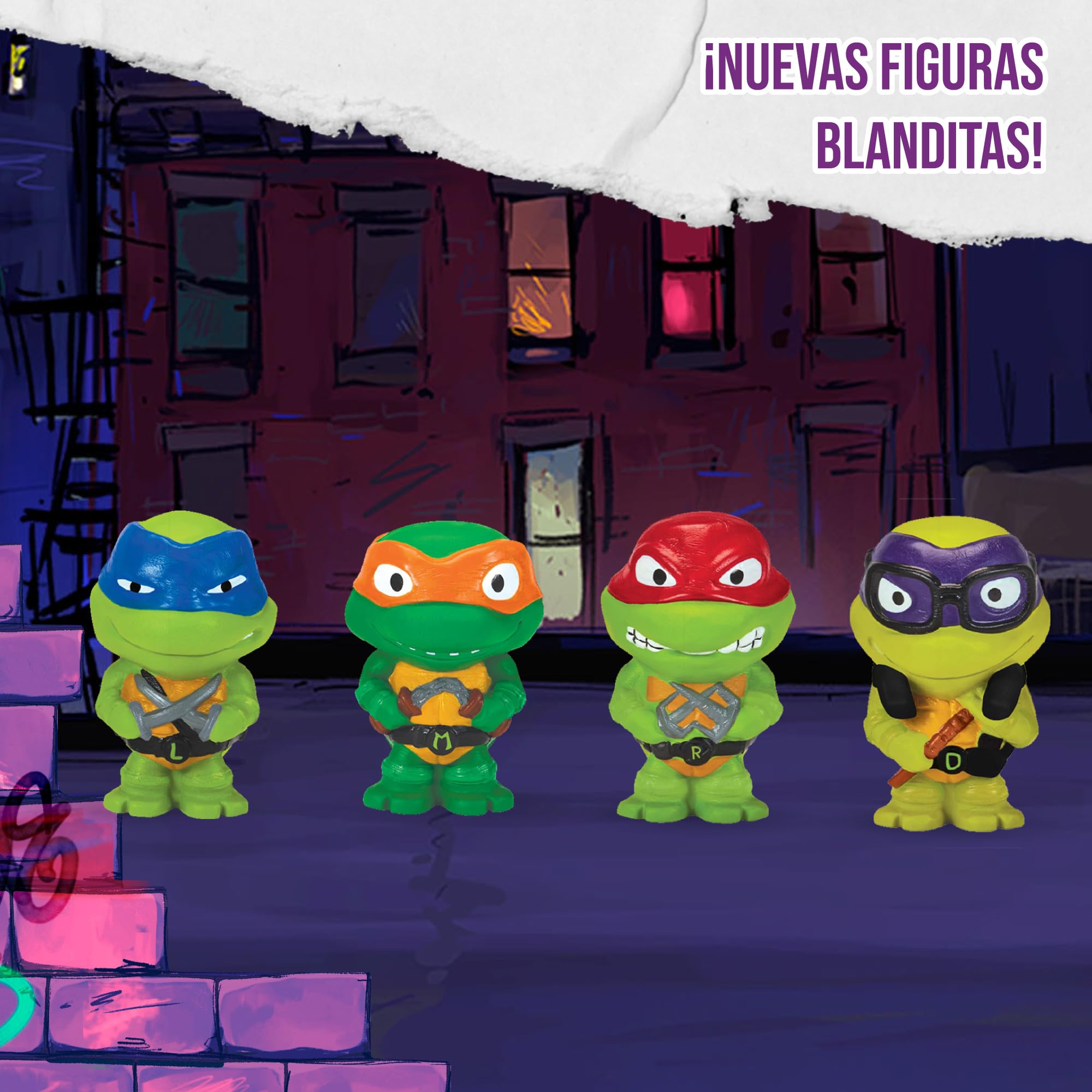 TORTUGAS NINJA - Figuras Slams Sorpresa, Consigue una figura blandita aleatoria de TMNT, Aprieta el envase y disparará un personaje, 4 para coleccionar, Para niños de 4 años+, Famosa (TU831000