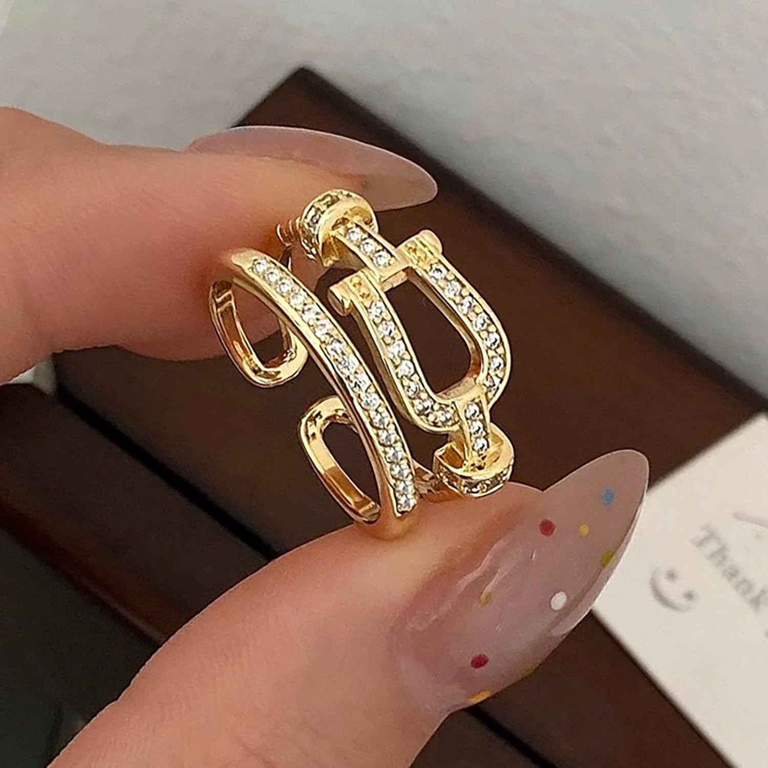 Gold Plated Horseshoe Ring for Women Double Rhinestone Horse Shoe Ring - Image 2