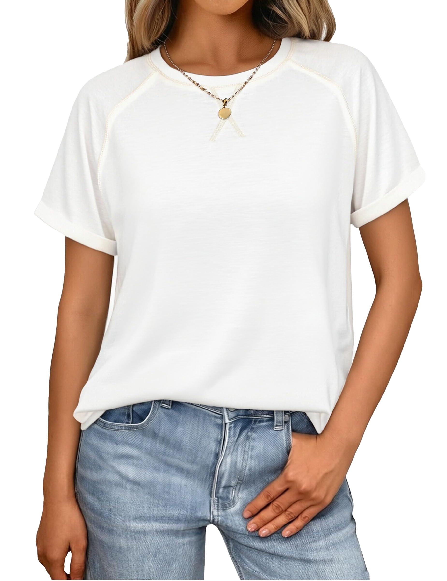Litherday T-Shirt Damen Sommer Rundhals Casual Basic Tshirt Oberteile Einfarbig Elegant Kurzarm Tops Locker Lässig Baumwolle Shirt Business Outfit S-XXL