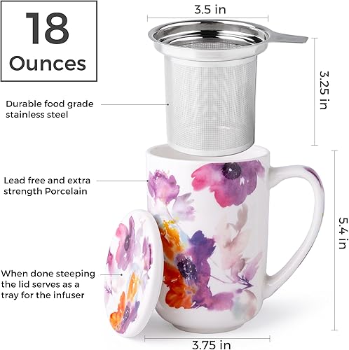 Miniatura 10 de AmorArc Taza de té de porcelana con infusor y tapas, colador de taza de té de 18 onzas con soporte para bolsa de té para té de hojas sueltas, taza