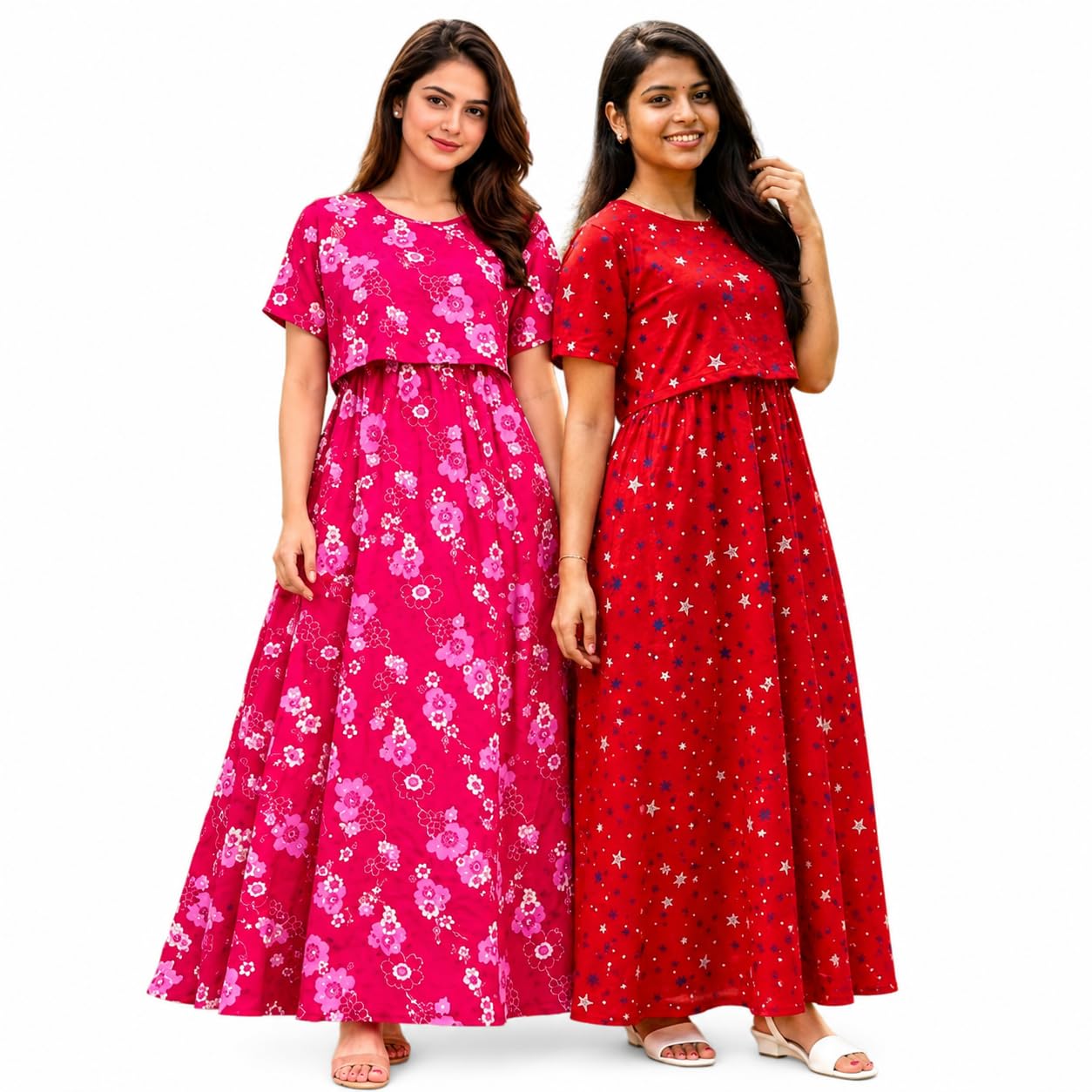 RENIS.Store Women's 100% Cotton Zipless Feeding Maternity Nighty Pack of 2 | Pull Up Nighty | Soft Pregnancy & Feeding Wear, Back Tie with Side Pocket | Pink Flower & RED Stra | Size-M-picture-37