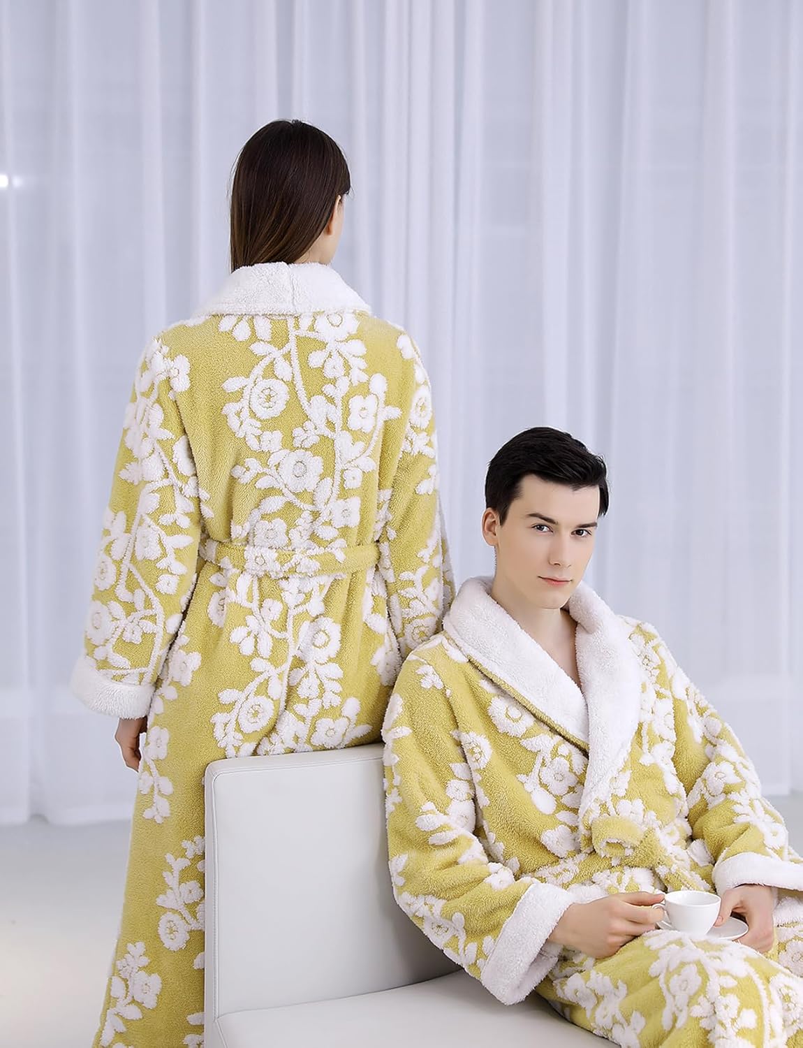 Women's Sherpa Fleece Chenille Robes Long Warm Plush Luxury Bathrobe Fuzzy Thicken Housecoat Jacquard Pattern - Image 3