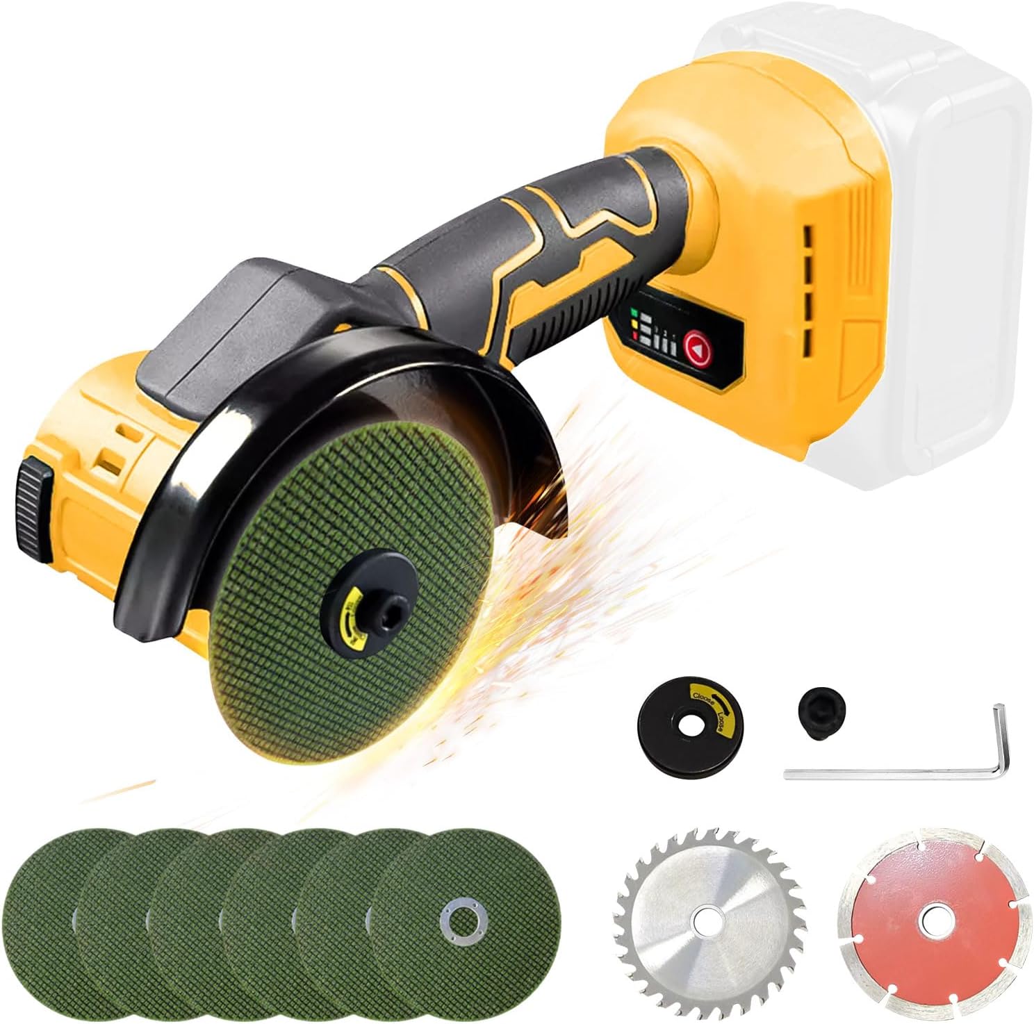 Cordless Angle Grinder Compatible with De-walt 20V MAX Battery, 100 mm Forward/Backward Brushless Battery Cutting Grinder with Sanding Discs and Saw Blades (10Pcs Set)