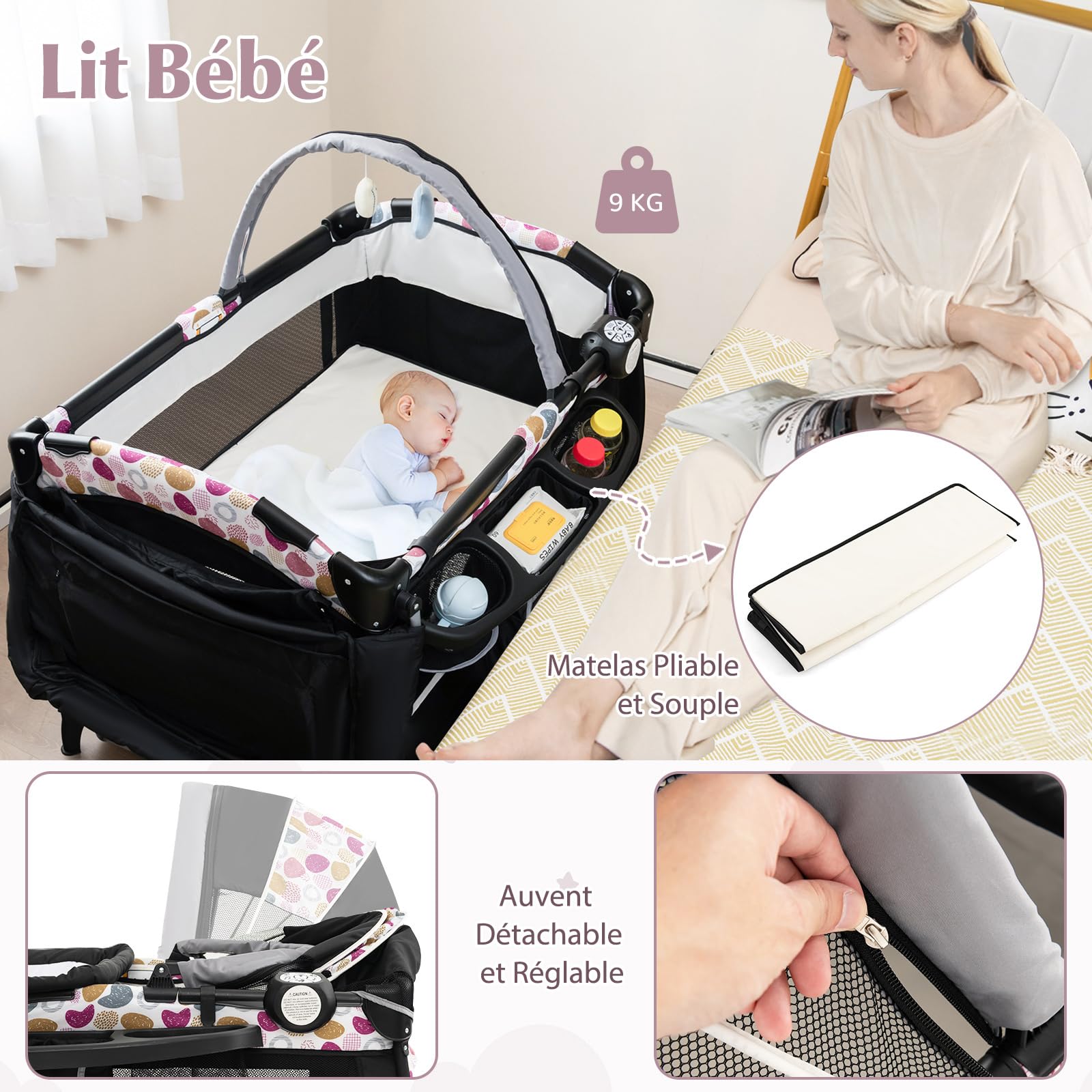 DREAMADE Lit Parapluie Bébé avec Matelas,4 en 1 Lit de Voyage 102x73x80CM Tout-Petites 0-3Ans avec Roues Verrouillables,Auvent Réglable,Poche,Porte-Couches,Sac de Transport (Noir+Cercle)