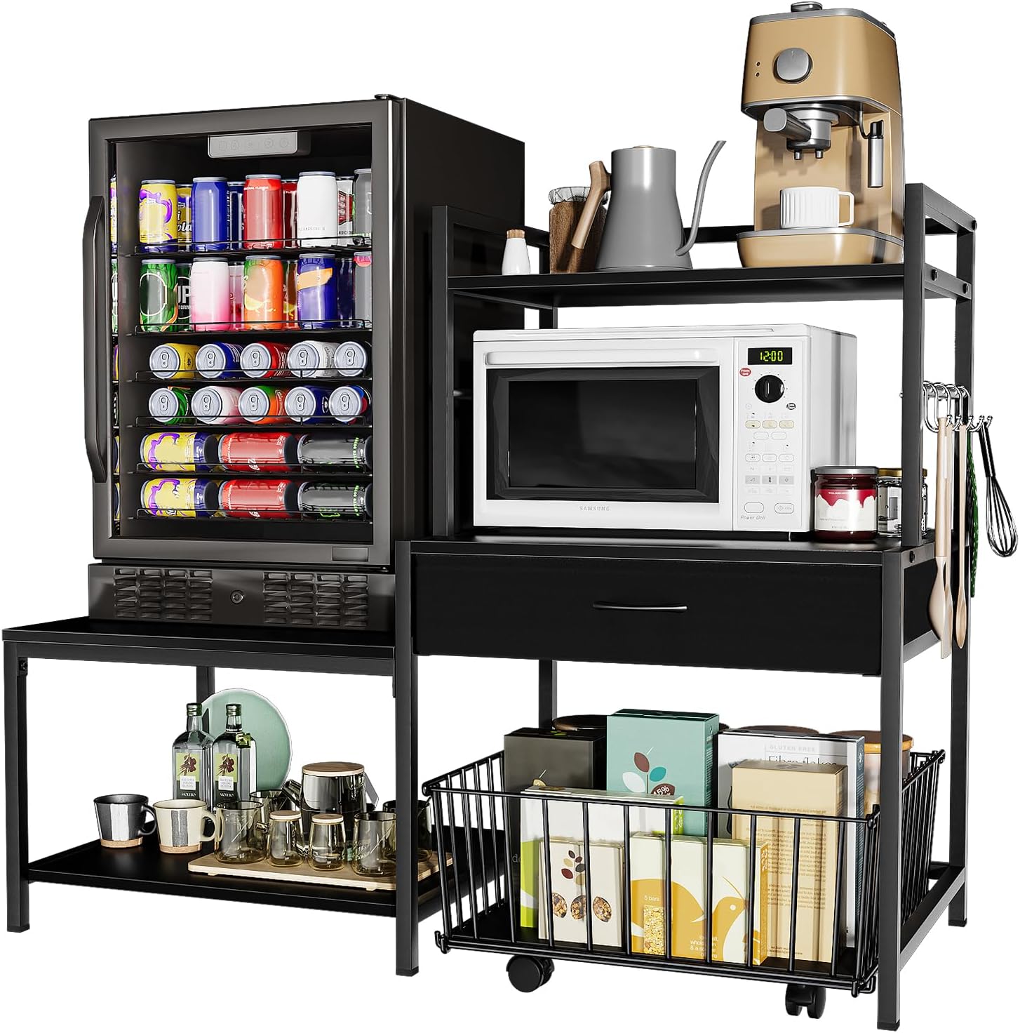 Bakers Rack with Mini Fridge Stand & Microwave Shelf – Coffee Bar with Drawer, Rolling Basket Storage & Hooks – Heavy Duty Kitchen Organizer for Apartments, Dorms & Living Rooms, Black