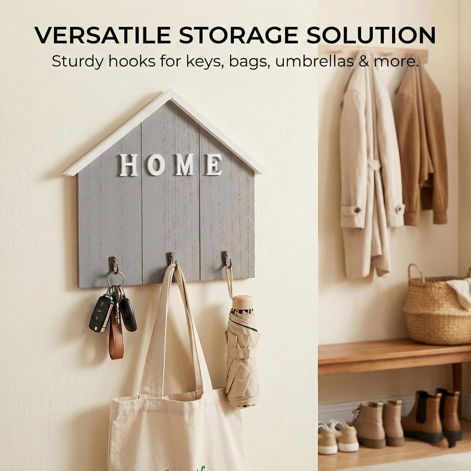COVRA 8.7 × 9.8 × 0.6 inches Key Holder Wall Mount - Cute House Wooden Key Hanger for Entryway, Decorative Key Rack with 3 Hooks - Wood (Natural Wood) image 3