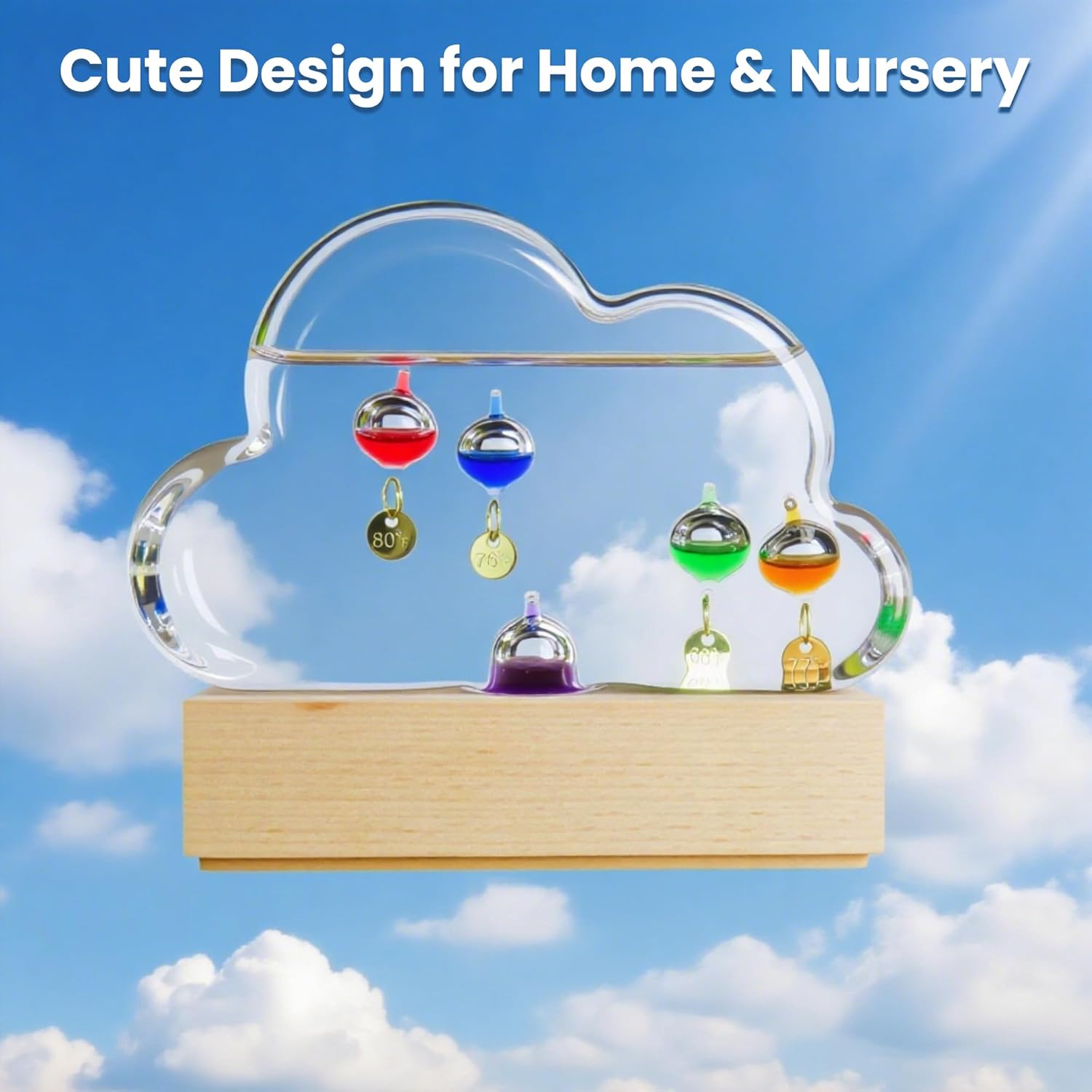 Lily's Home Galileo Glass Thermometer Indoor - 5 Multi Colored Spheres with Gold Tags - Temperature Range 64ºF-80ºF - Cloud Shaped Design - Ideal for Science Lovers, Gifts, Home Décor