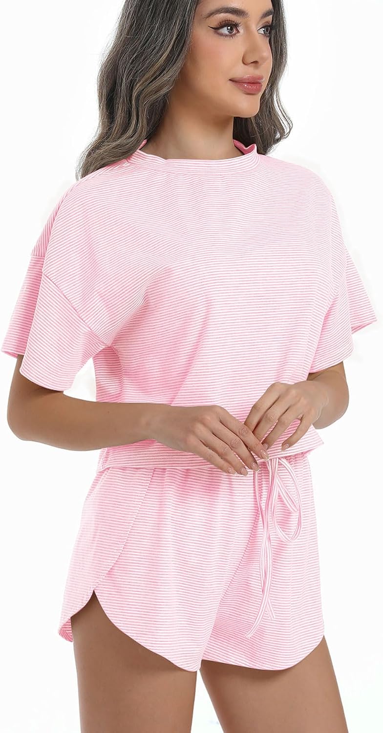 Womens Split Short Pajama Set 2026 Striped Short Sleeve Crewneck Tee and Side Slit Sleepwear 2 Piece Cotton Pjs Set