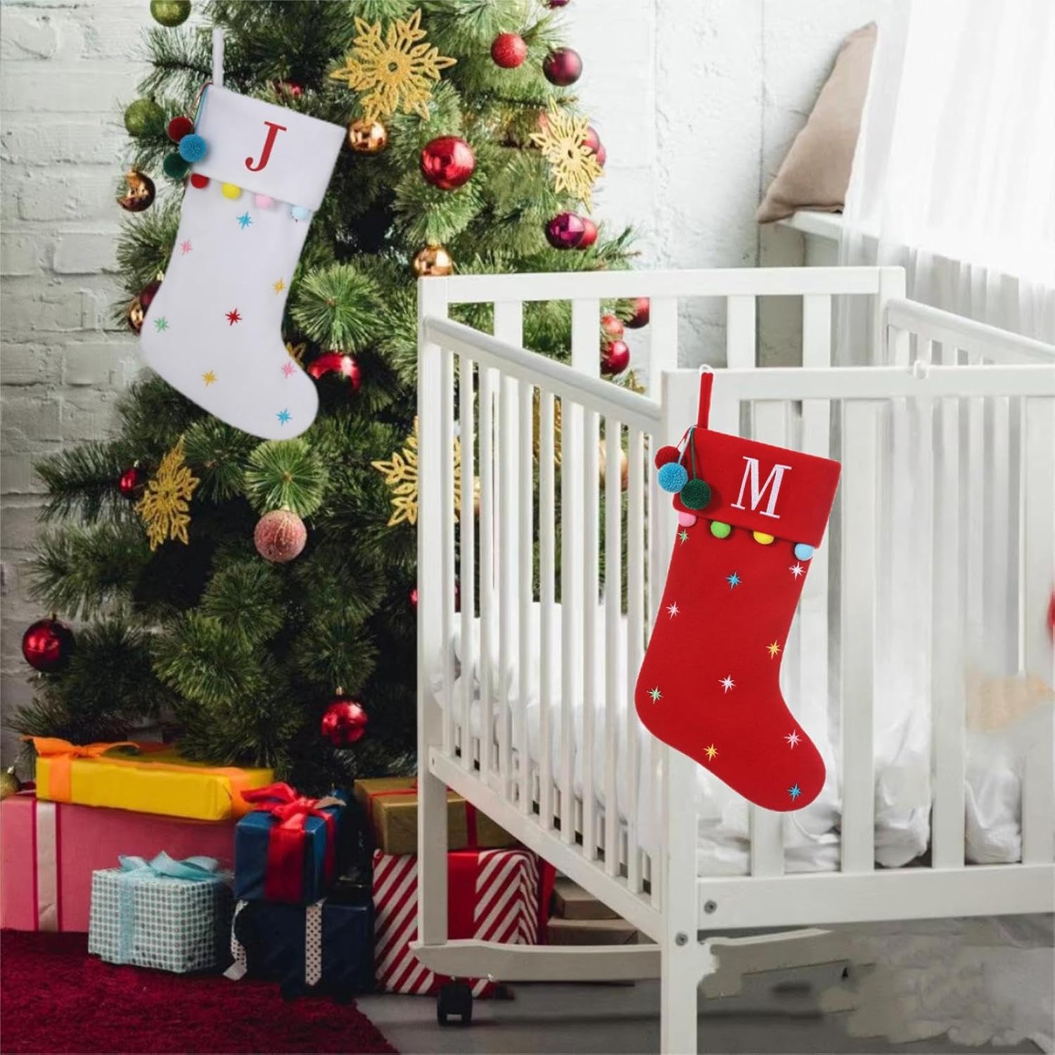 19.5 Inches Initial Monogram White Christmas Stocking Personalized, Embroidered Letter Fleece Christmas Stocking with pom poms Decoration for Family Christmas Holiday Party Decor-M - Image 5