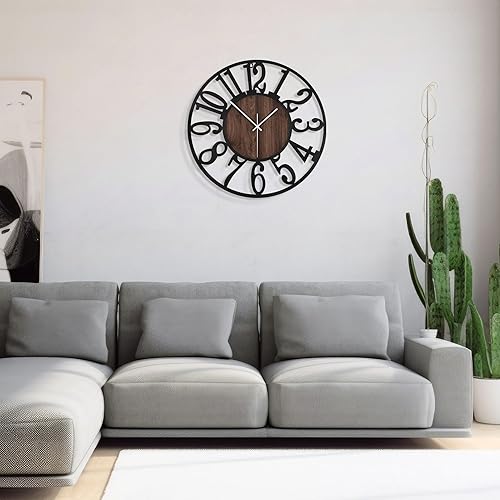 Miniatura 7 de 1st owned Reloj de pared para sala de estar, silencioso sin tictac, funciona con pilas, metal negro, relojes de madera antigua para granja, comedor,