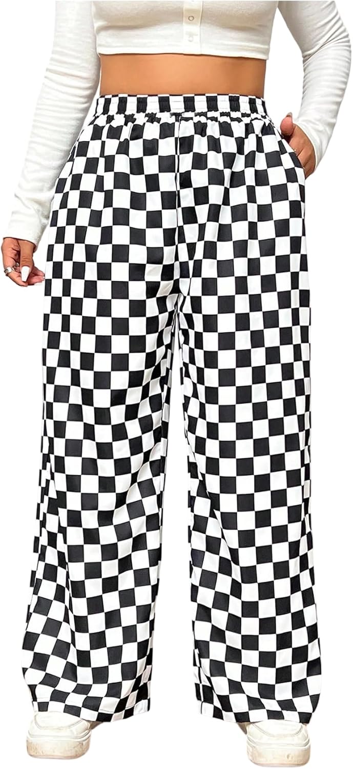 WDIRARA Women's Plus Size Checkered Baggy Pants High Waisted Wide Leg Trousers with Pockets