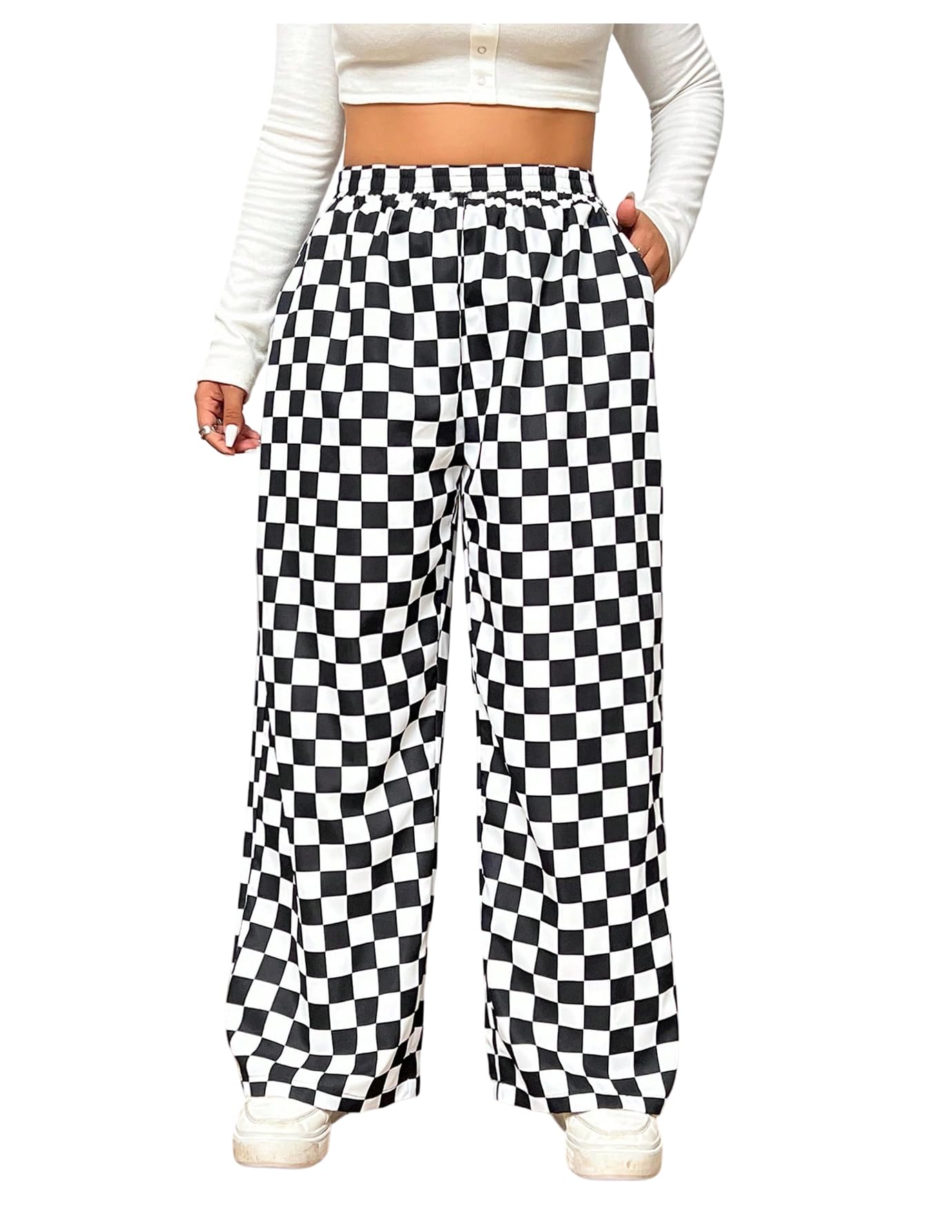 WDIRARA Womens Plus Size Checkered Baggy Pants High Waisted Wide Leg Trousers with Pockets
